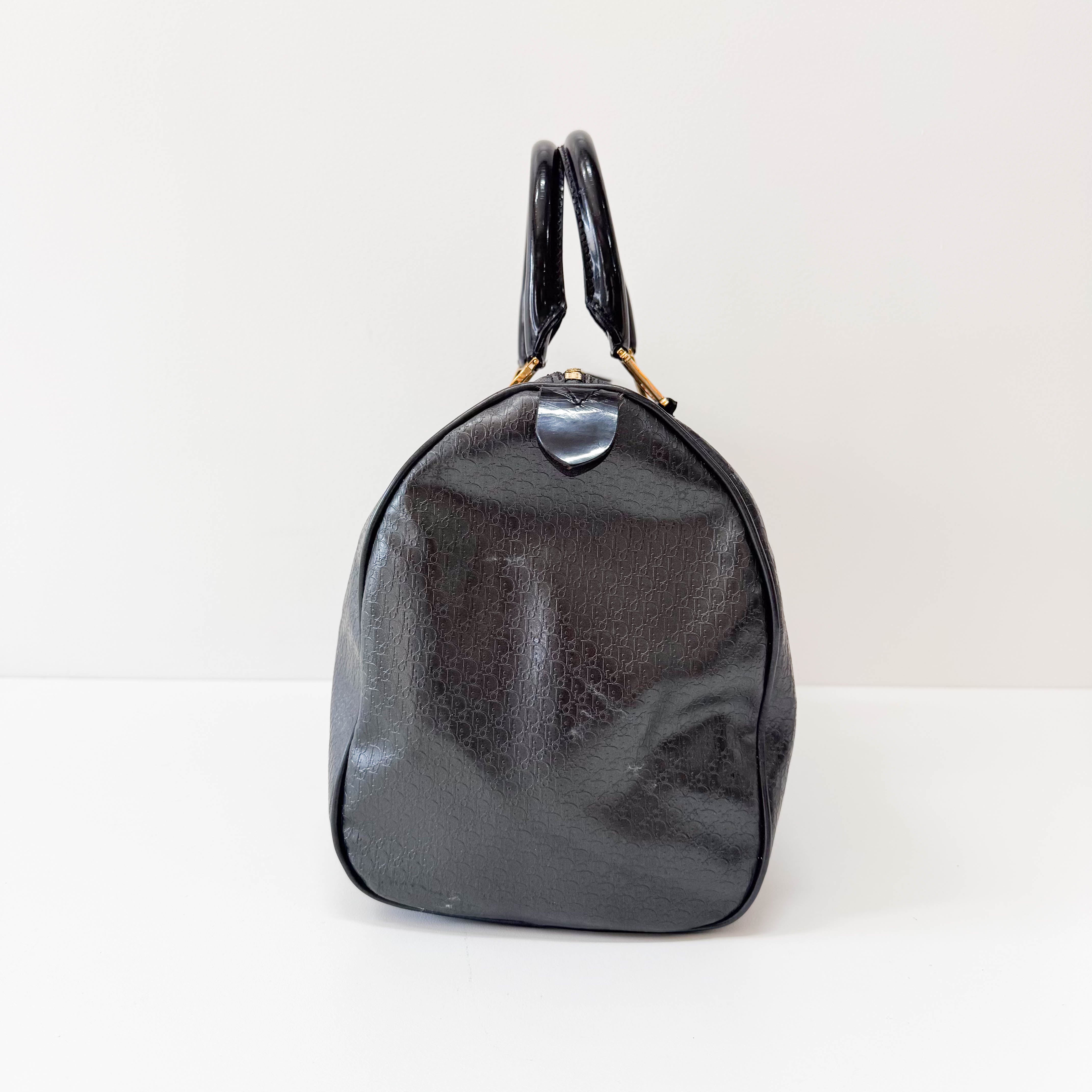 Embossed Trotter Black Leather Boston Bowling Bag