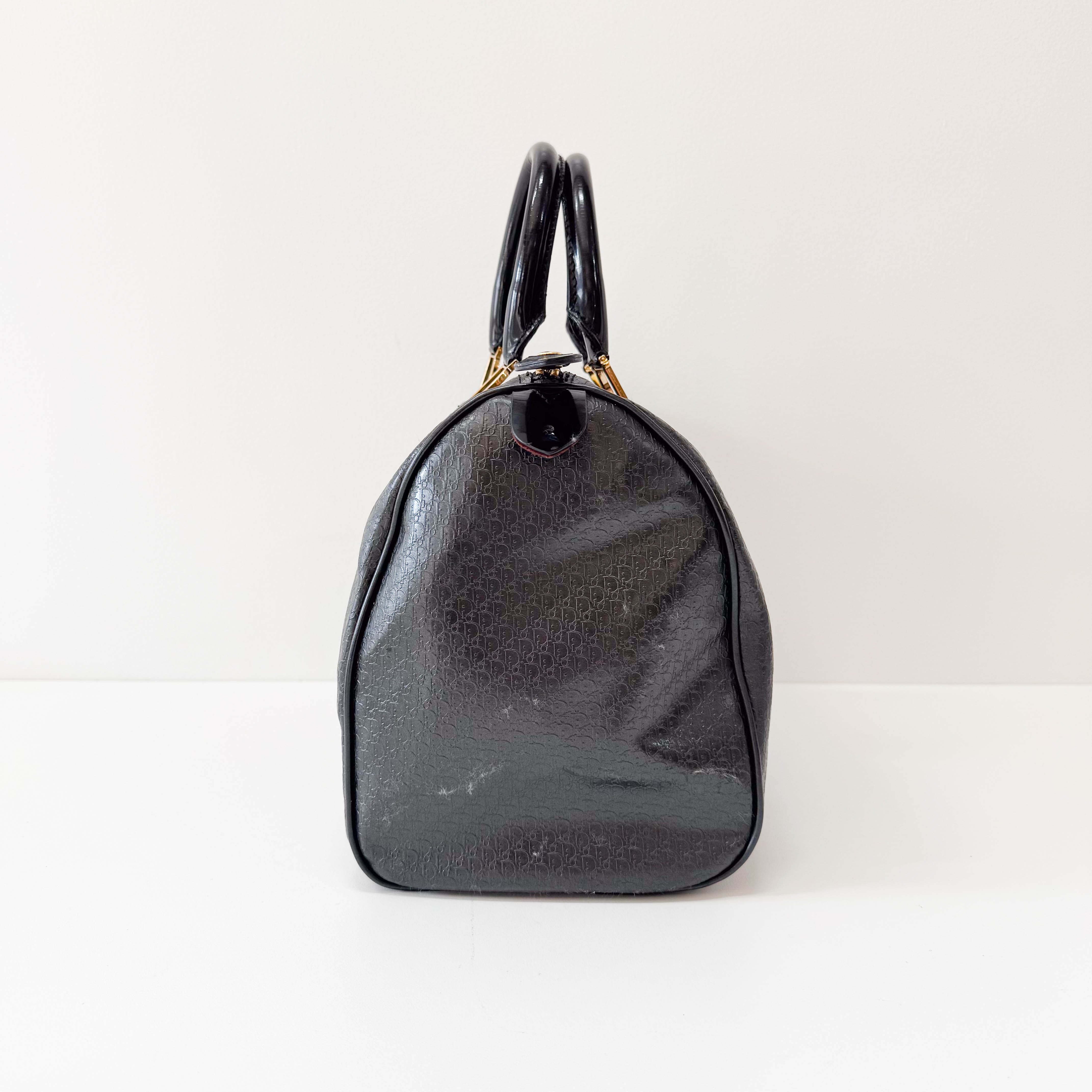 Embossed Trotter Black Leather Boston Bowling Bag