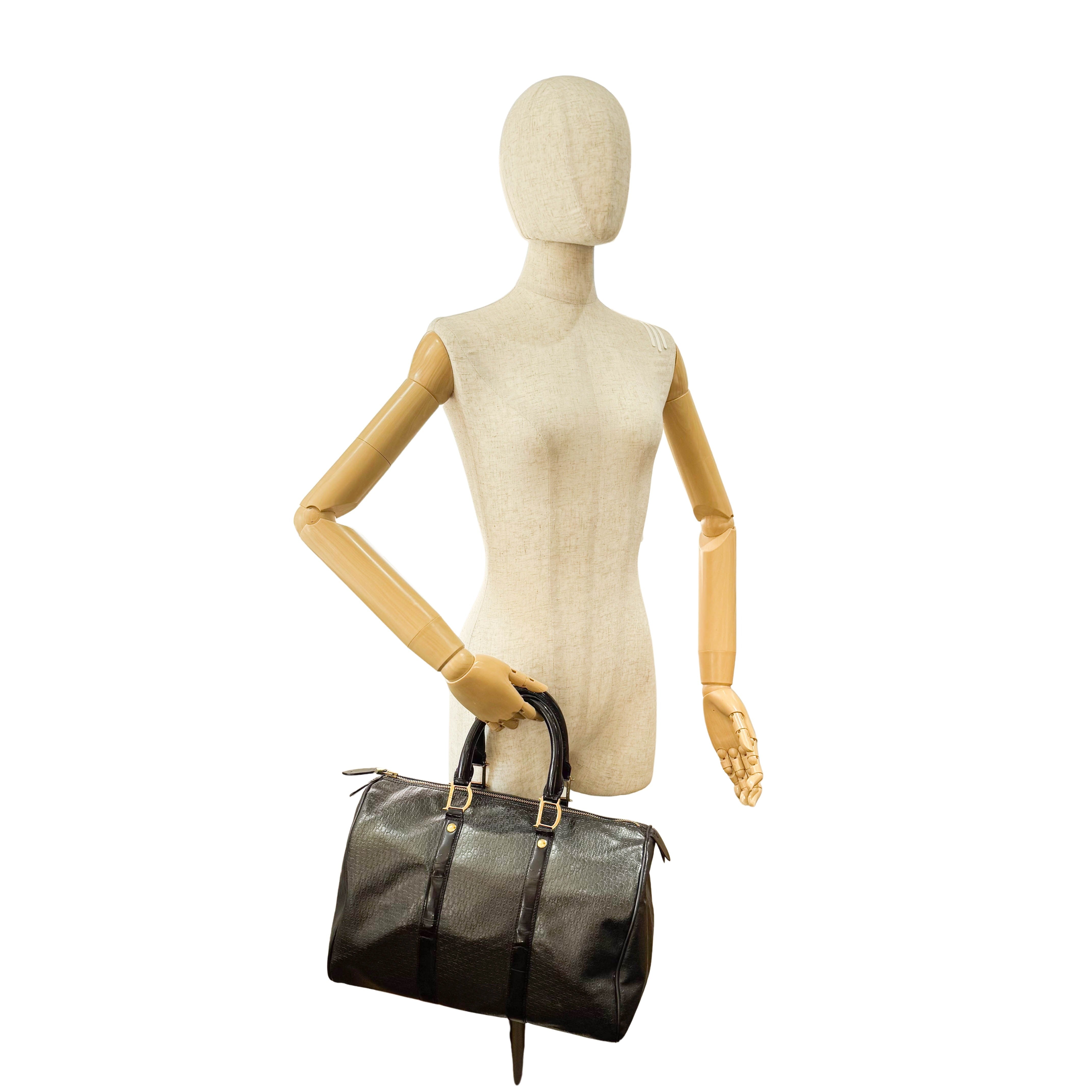 Embossed Trotter Black Leather Boston Bowling Bag