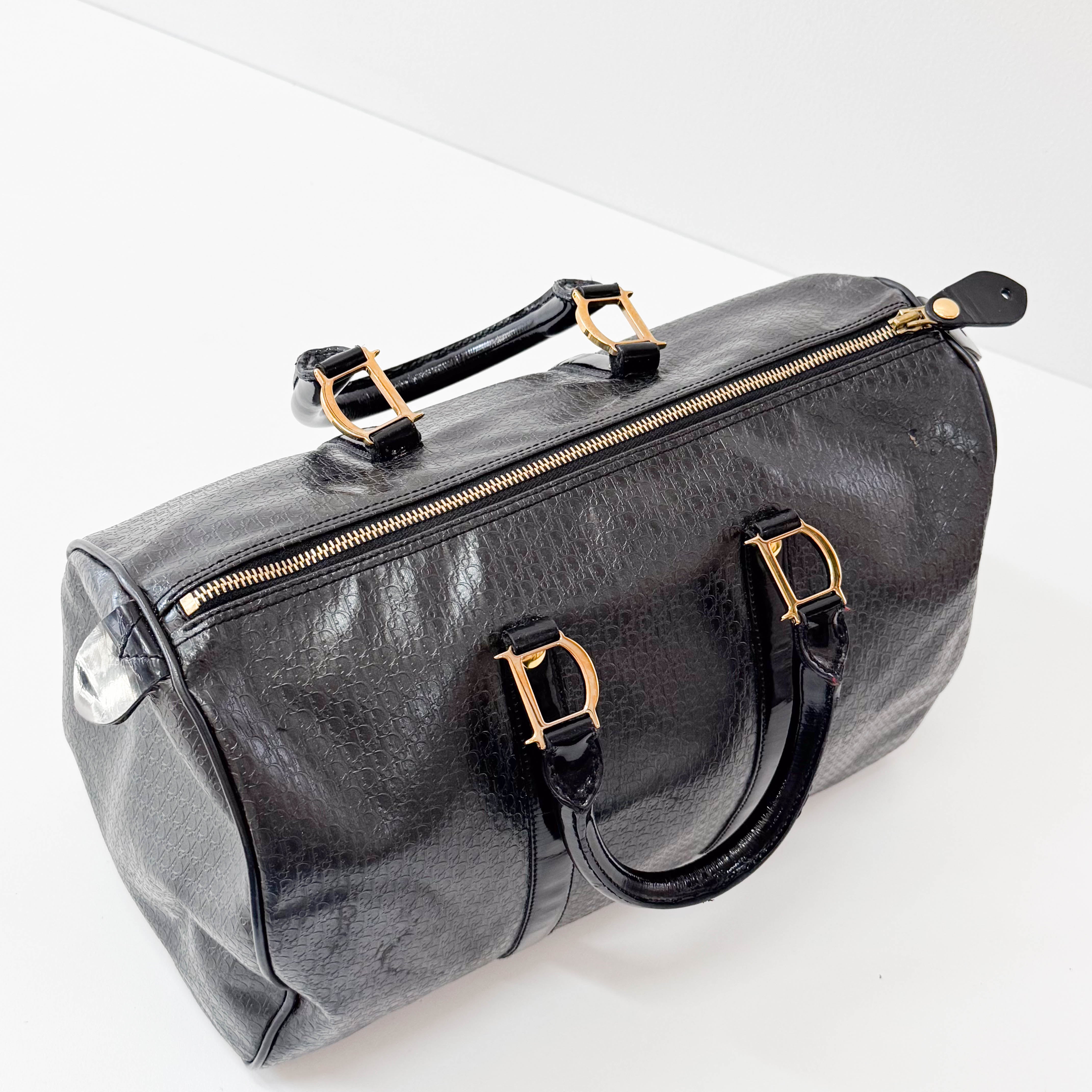 Embossed Trotter Black Leather Boston Bowling Bag