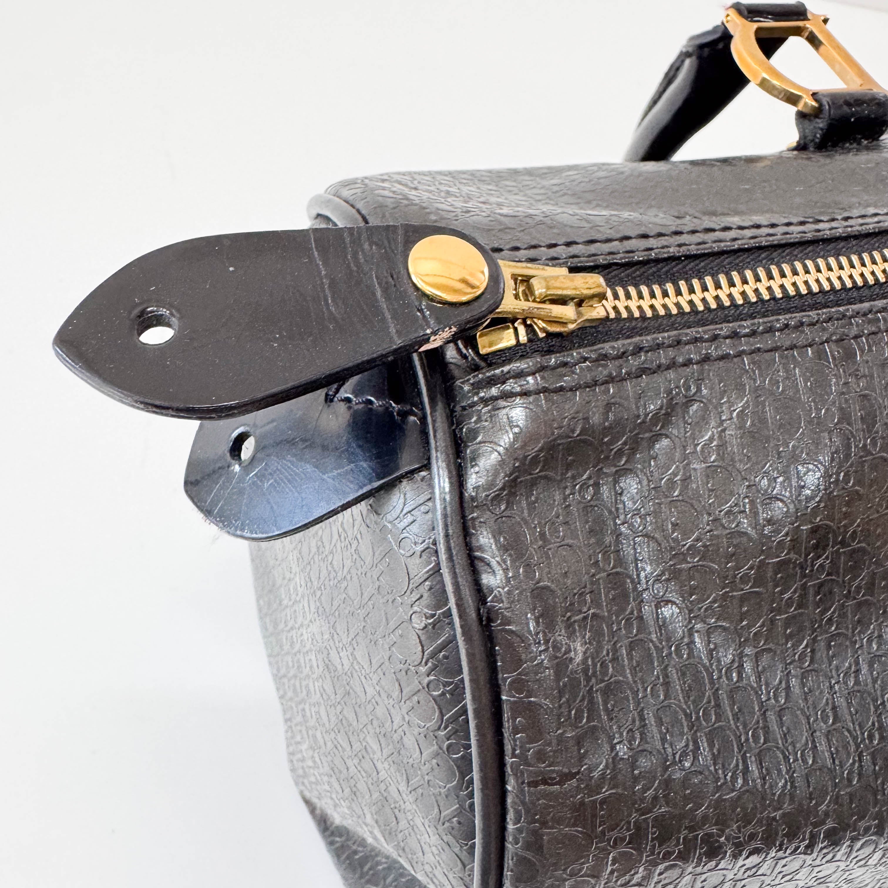 Embossed Trotter Black Leather Boston Bowling Bag