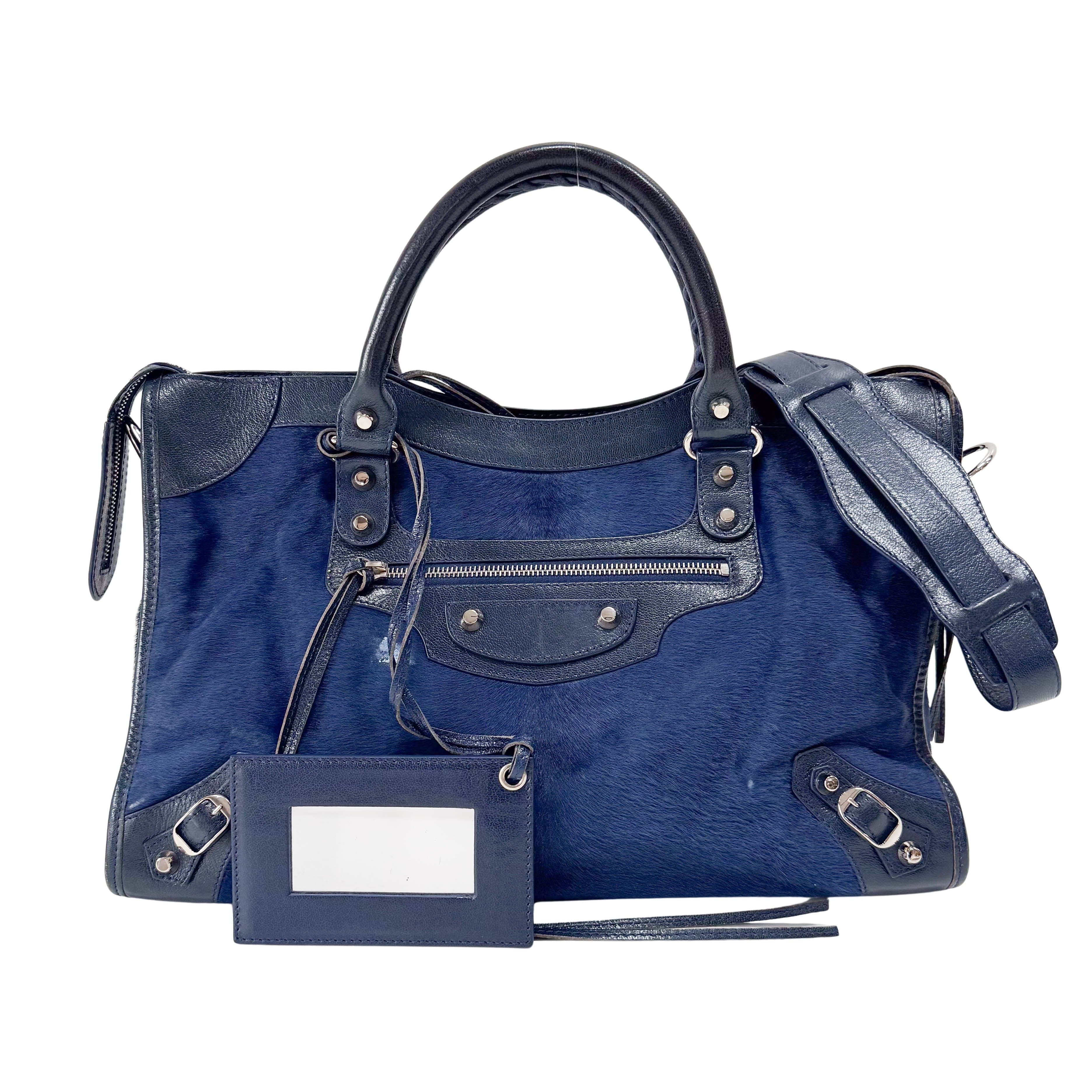 The City Navy Pony Hair & Leather Two Way Bag