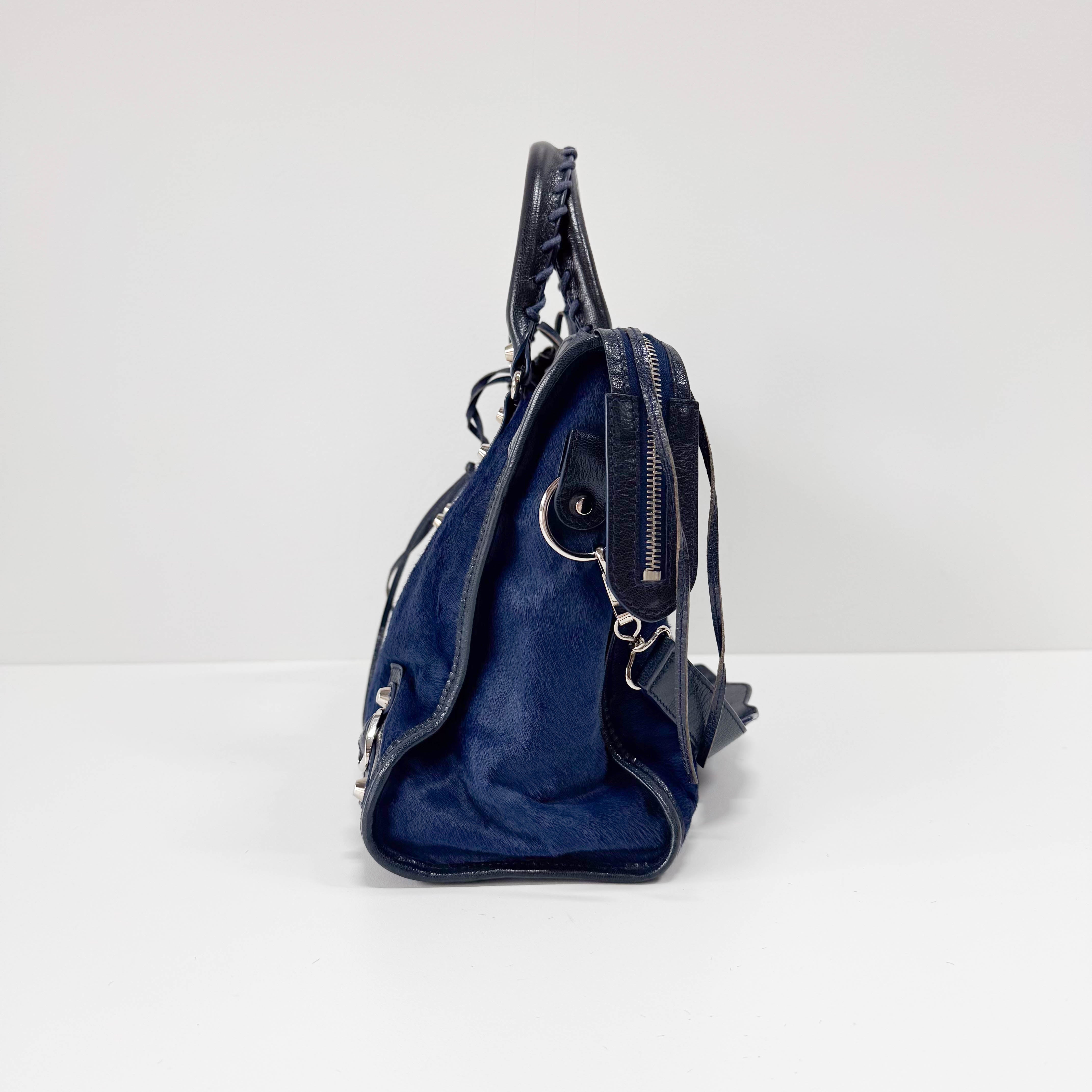 The City Navy Pony Hair & Leather Two Way Bag