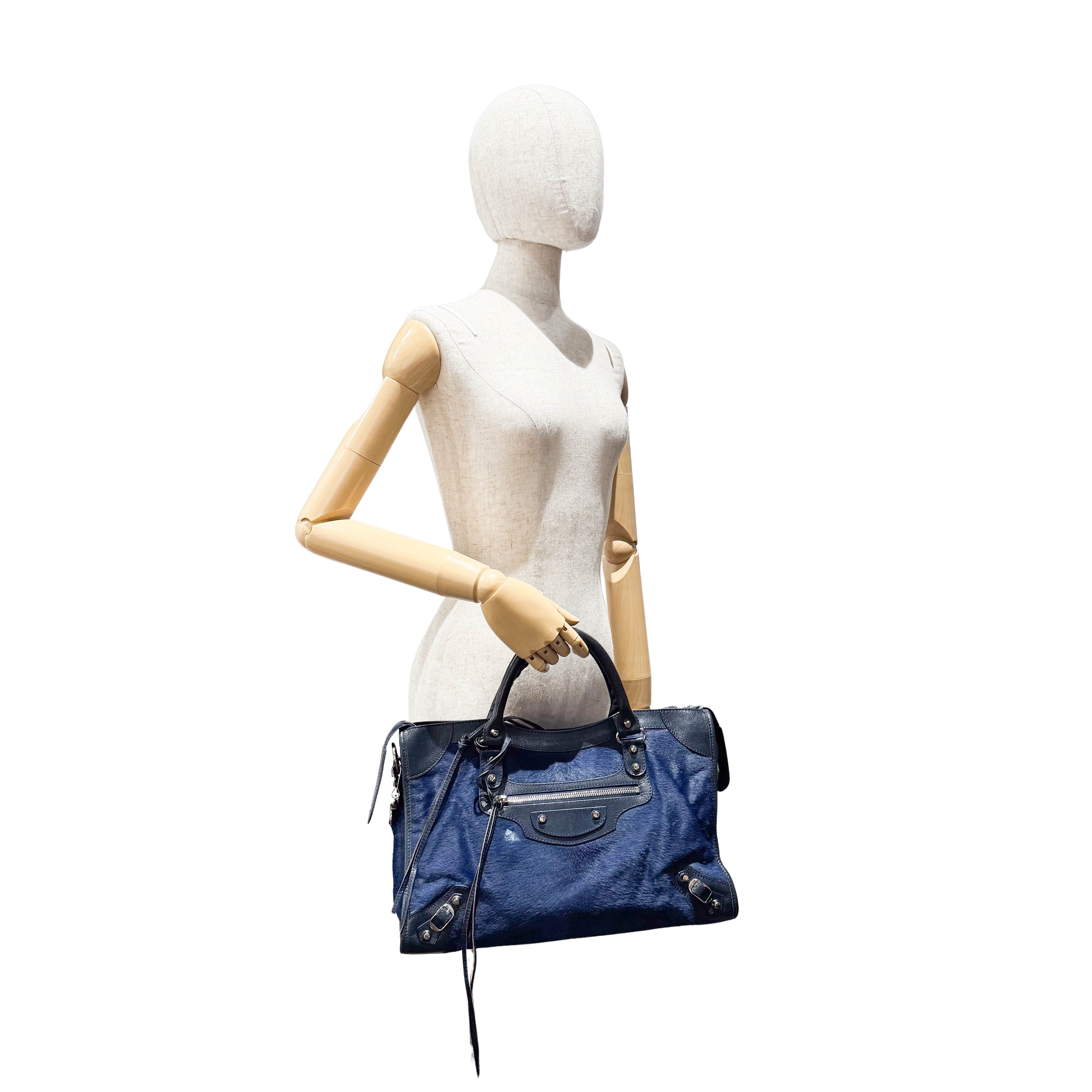 The City Navy Pony Hair & Leather Two Way Bag