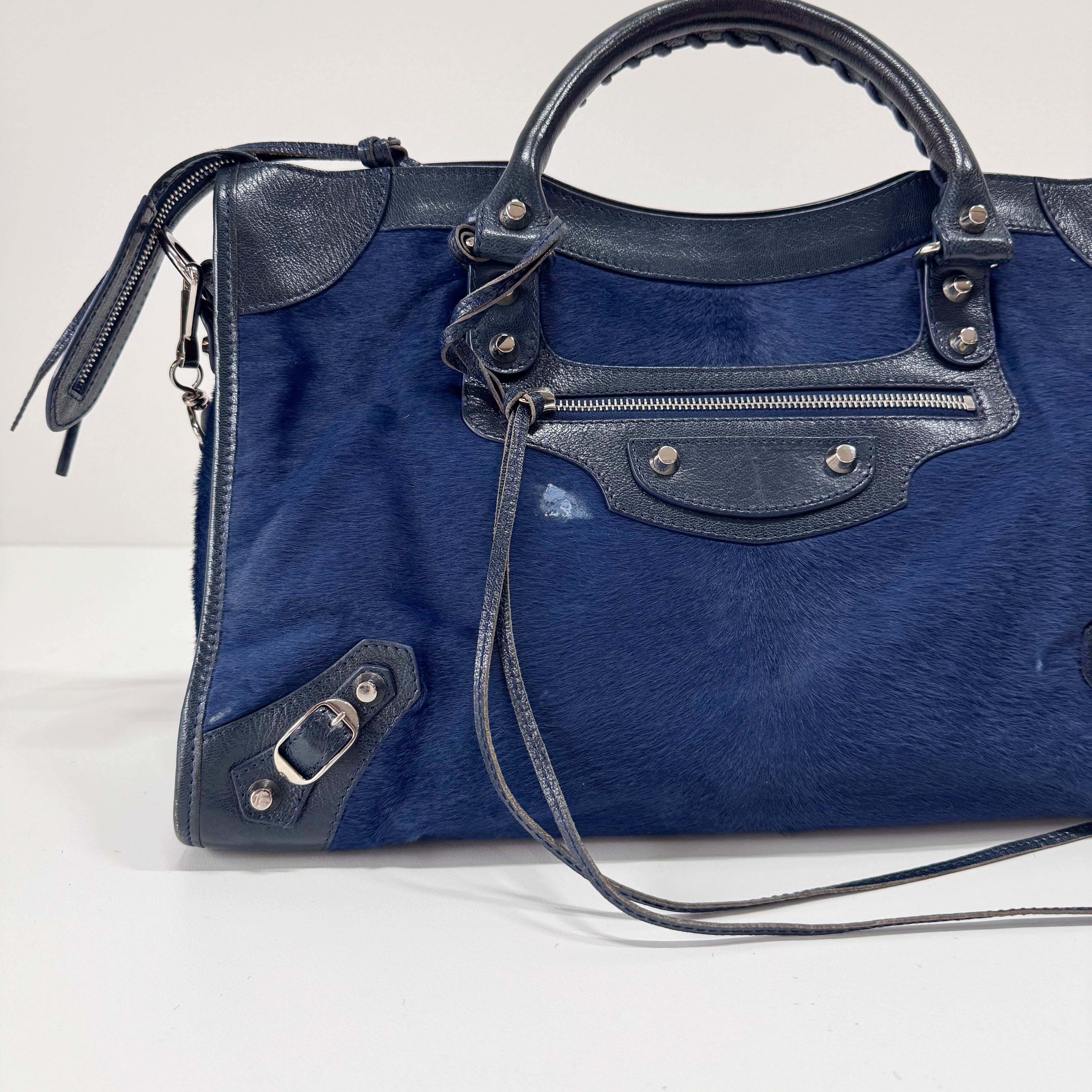 The City Navy Pony Hair & Leather Two Way Bag