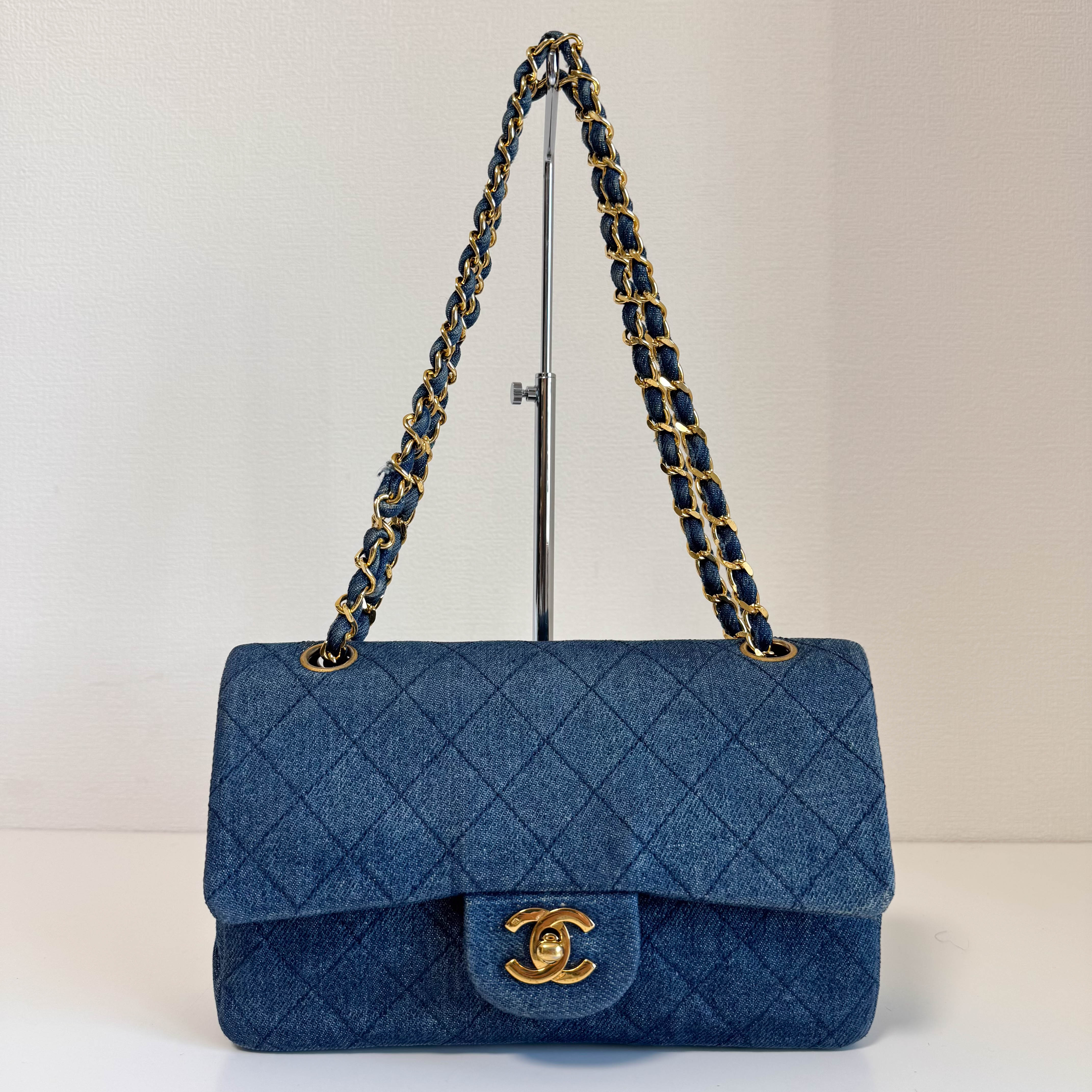 Timeless Classic Double Flap Navy Denim Chain Shoulder Bag