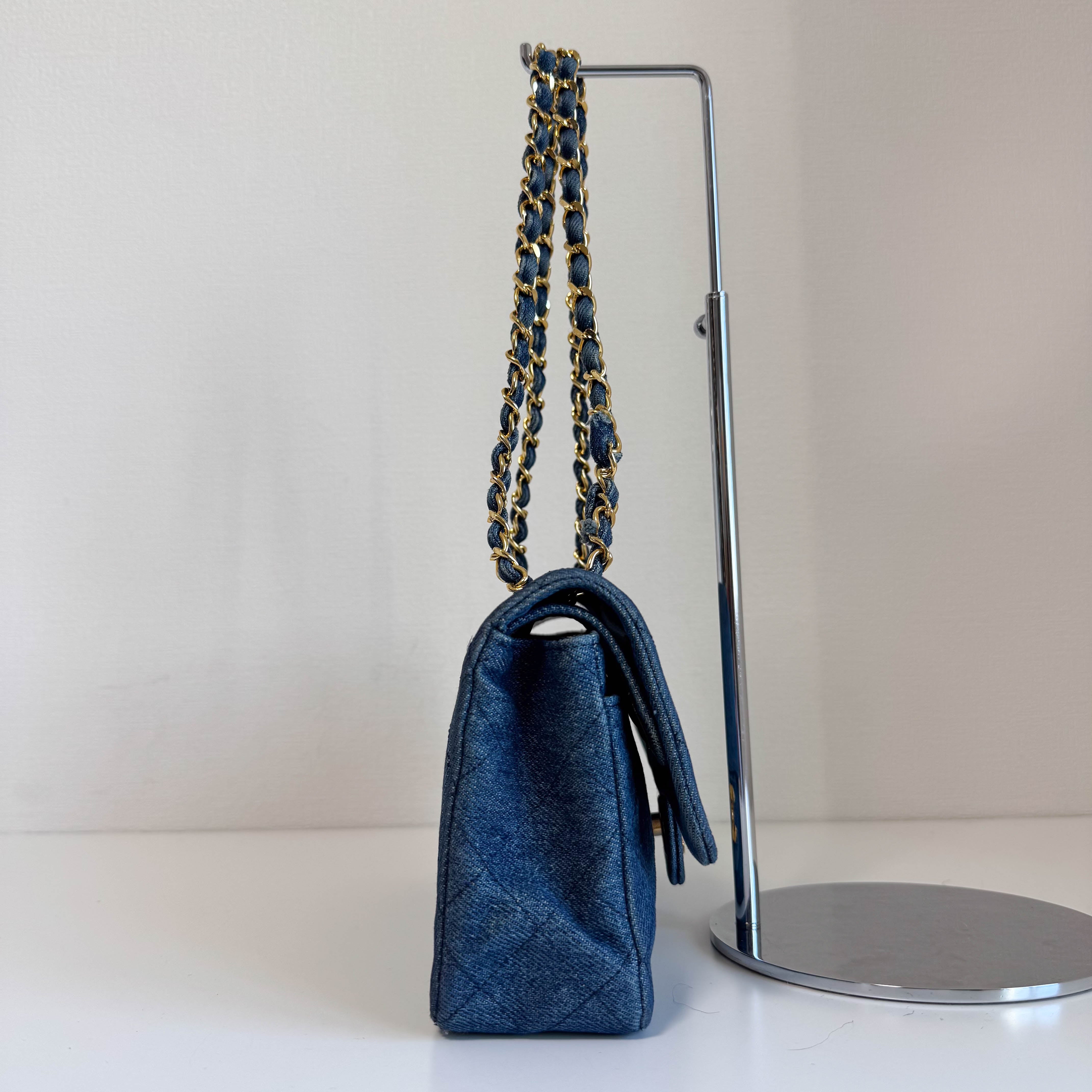 Timeless Classic Double Flap Navy Denim Chain Shoulder Bag