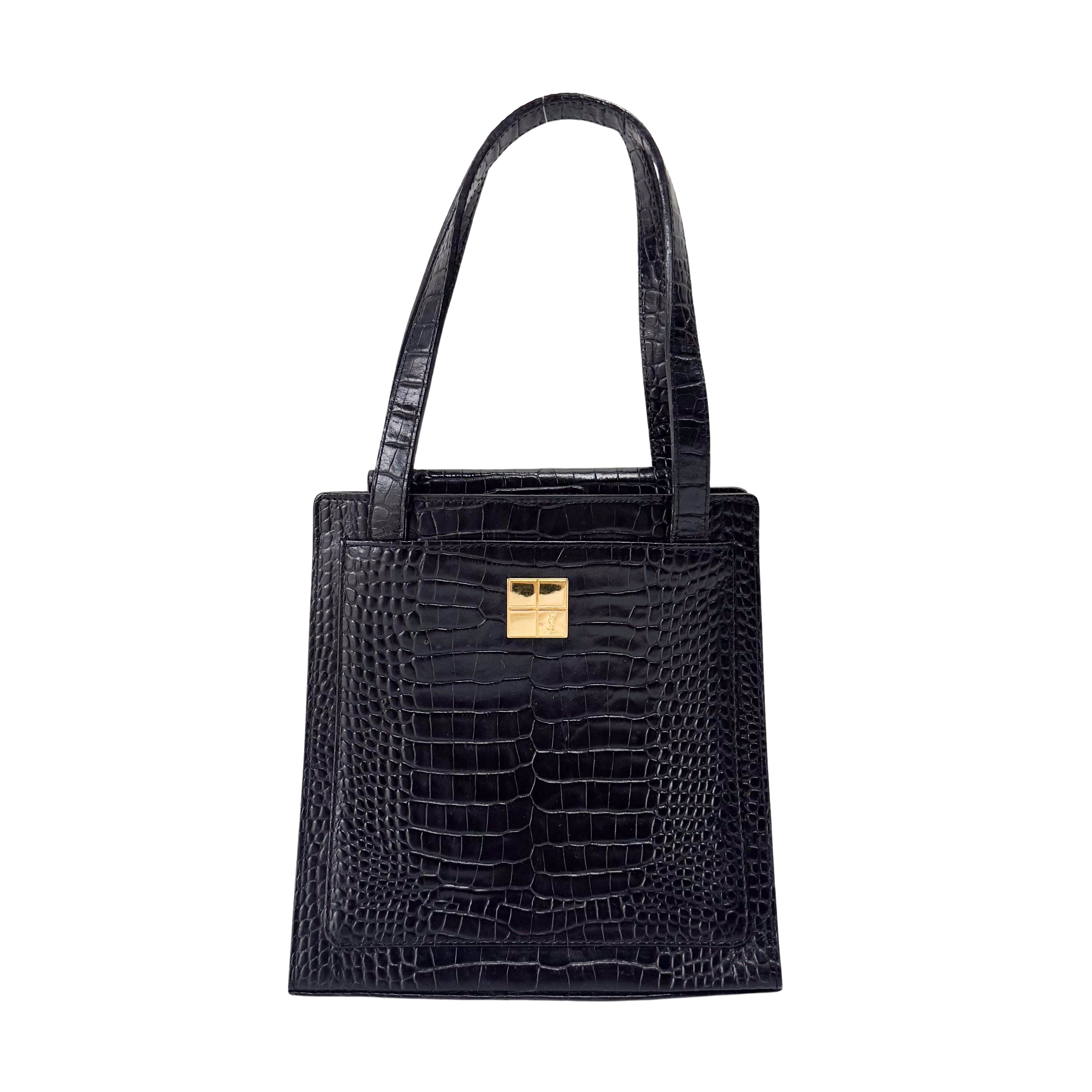 Black Croc Embossed Leather Shoulder Bag