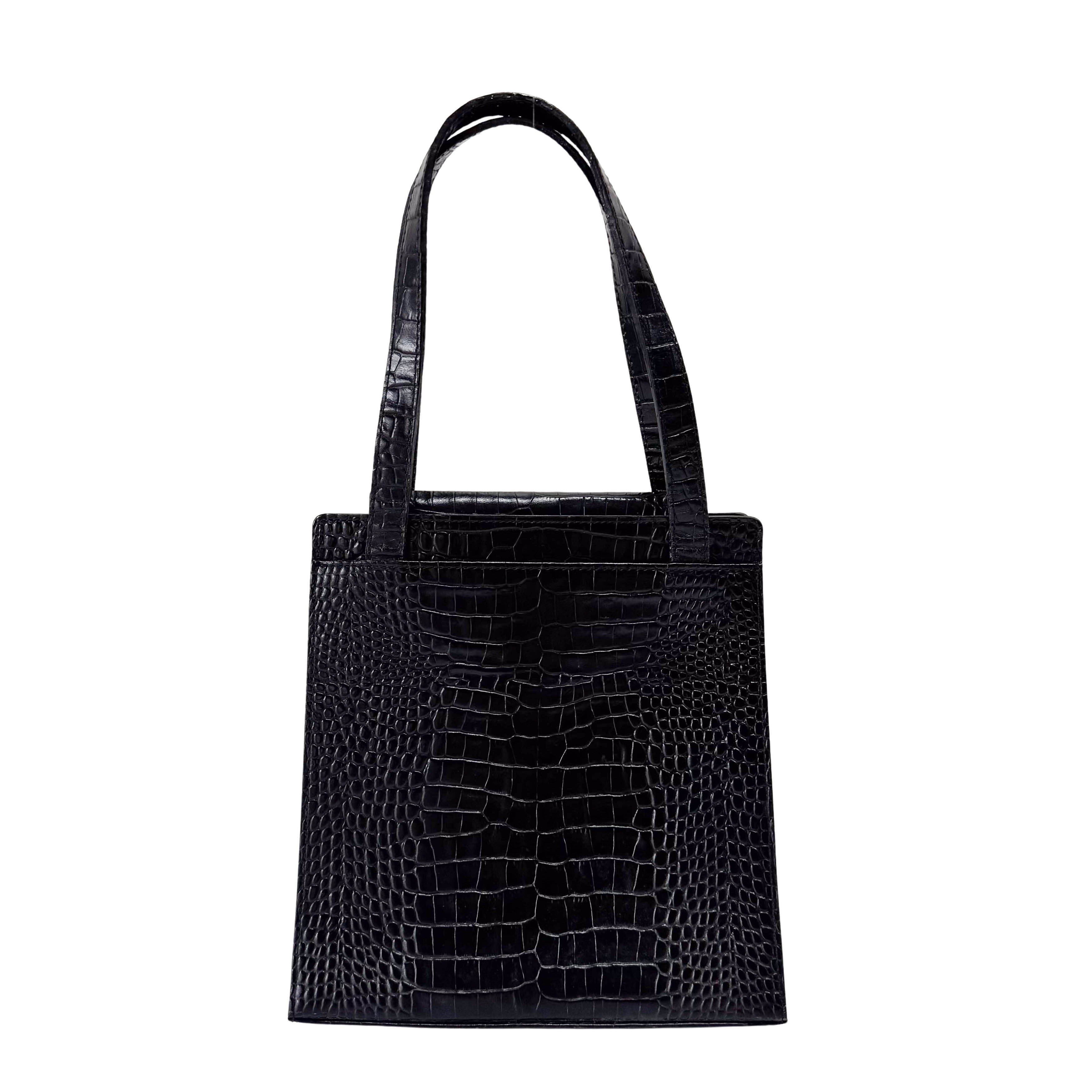 Black Croc Embossed Leather Shoulder Bag