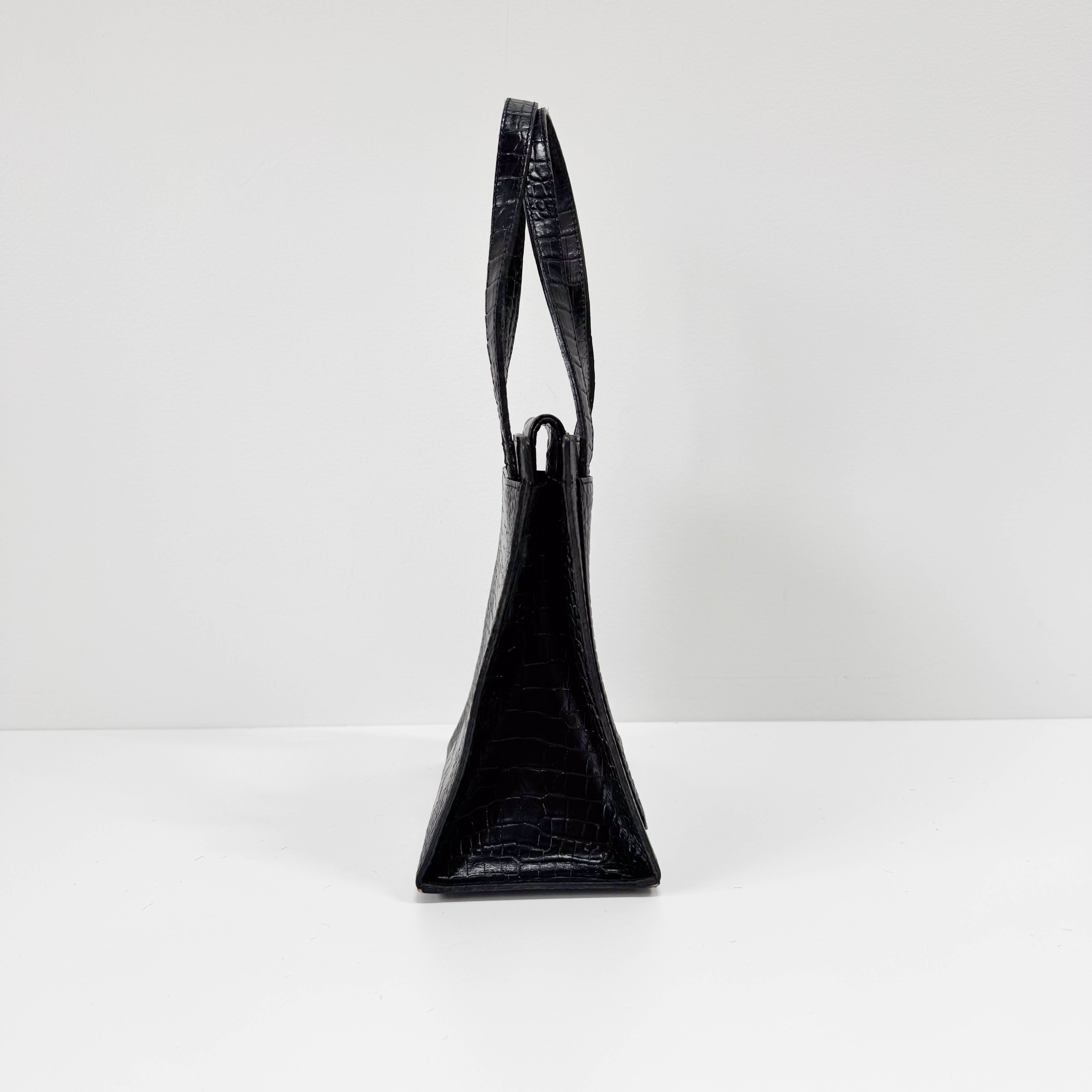 Black Croc Embossed Leather Shoulder Bag