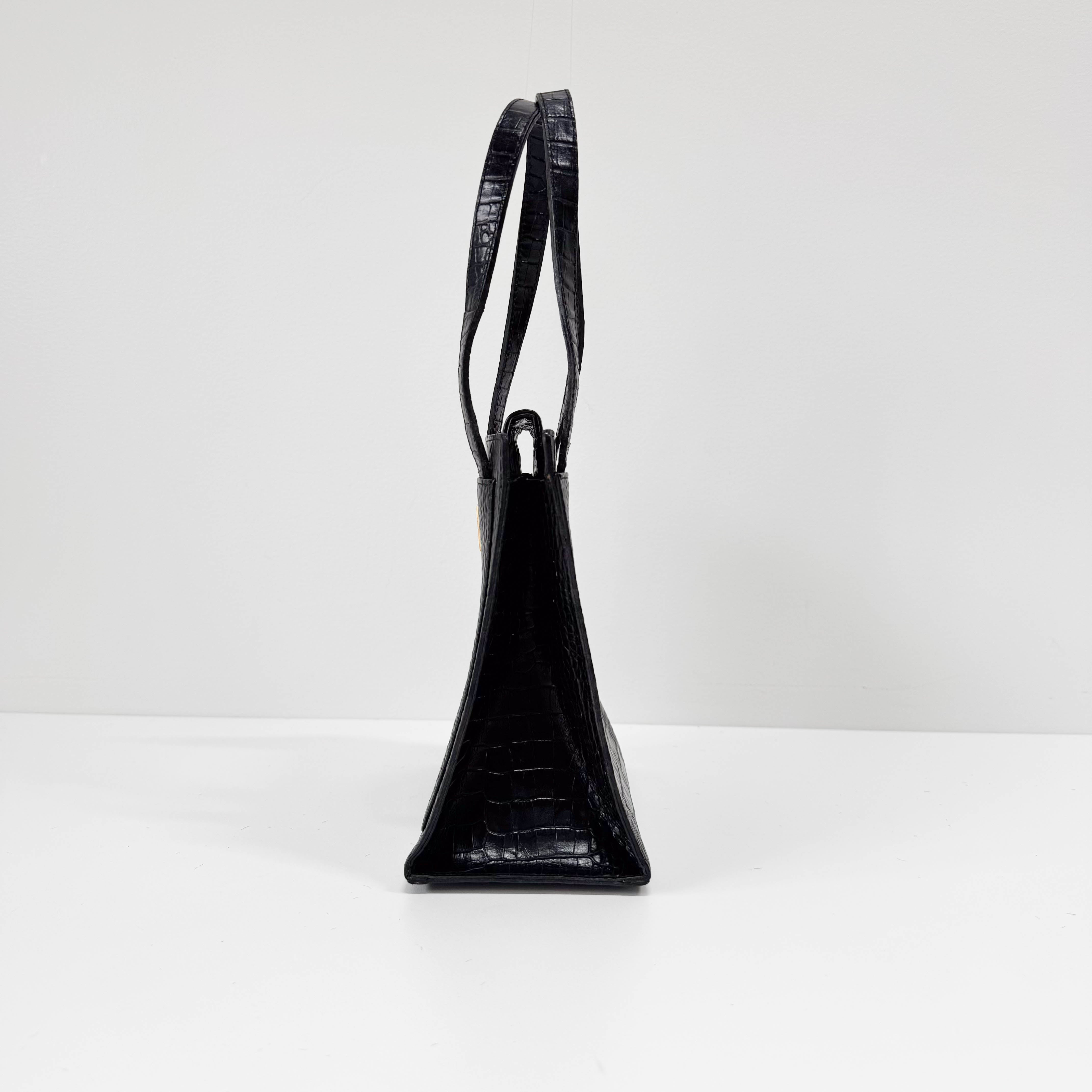 Black Croc Embossed Leather Shoulder Bag