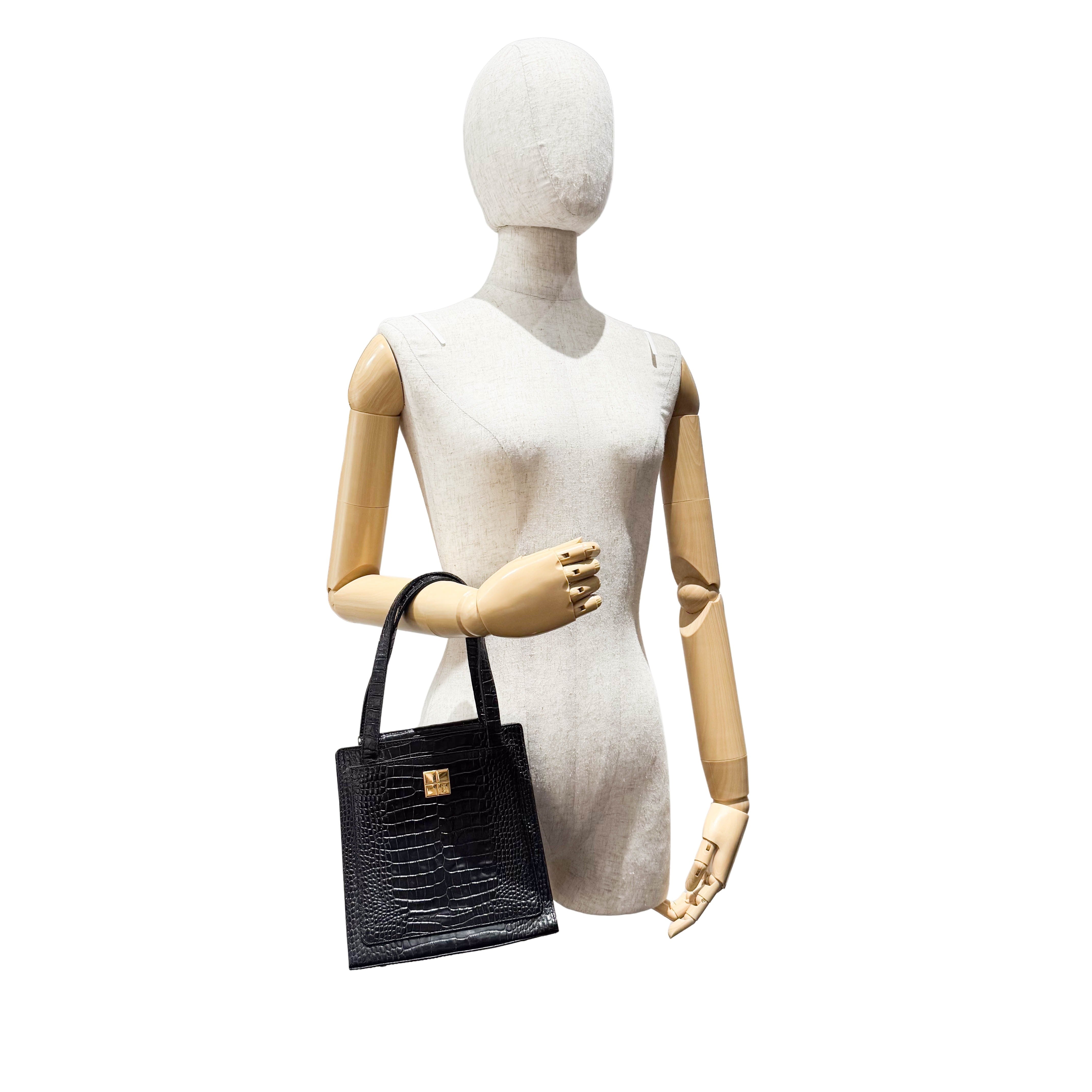 Black Croc Embossed Leather Shoulder Bag