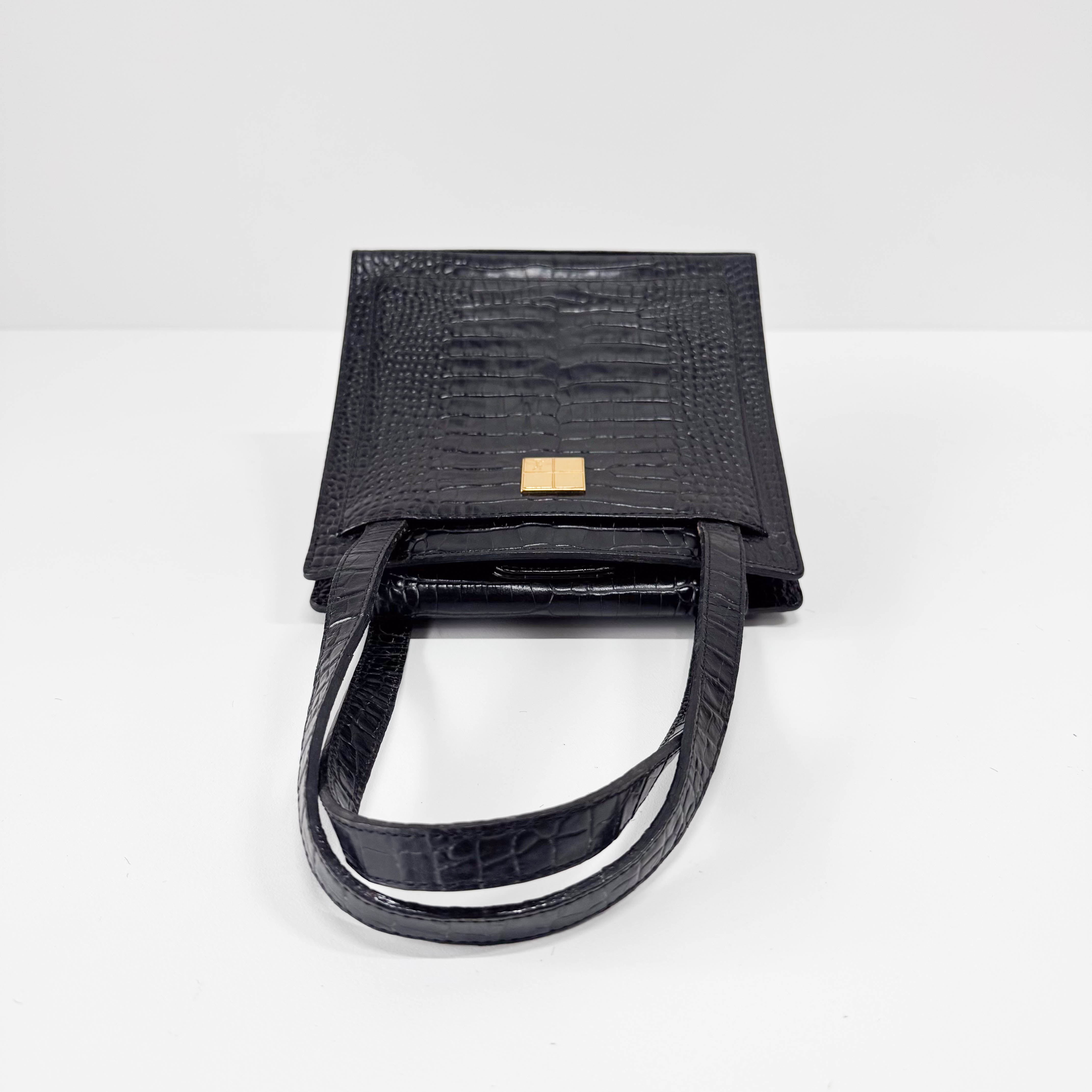 Black Croc Embossed Leather Shoulder Bag