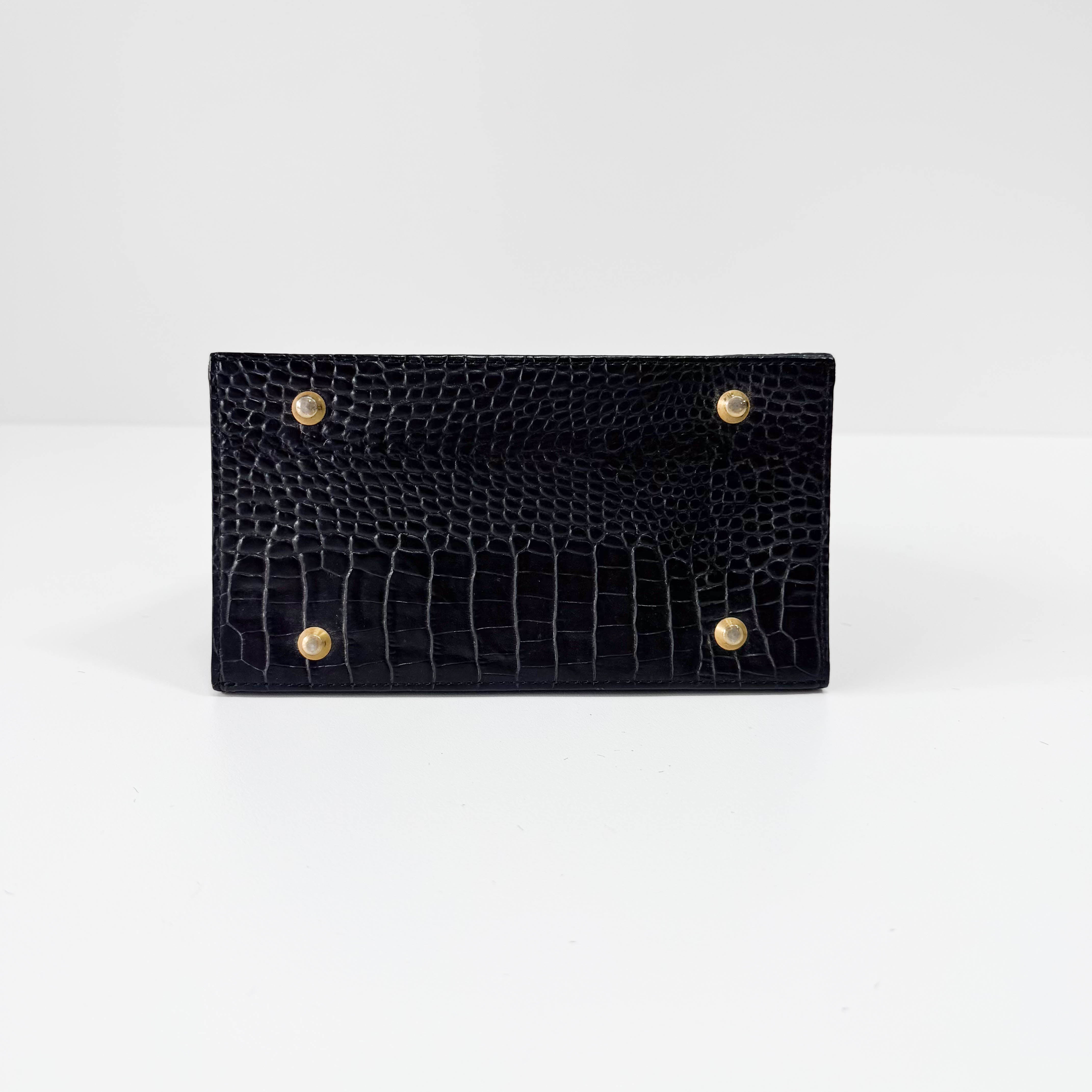 Black Croc Embossed Leather Shoulder Bag