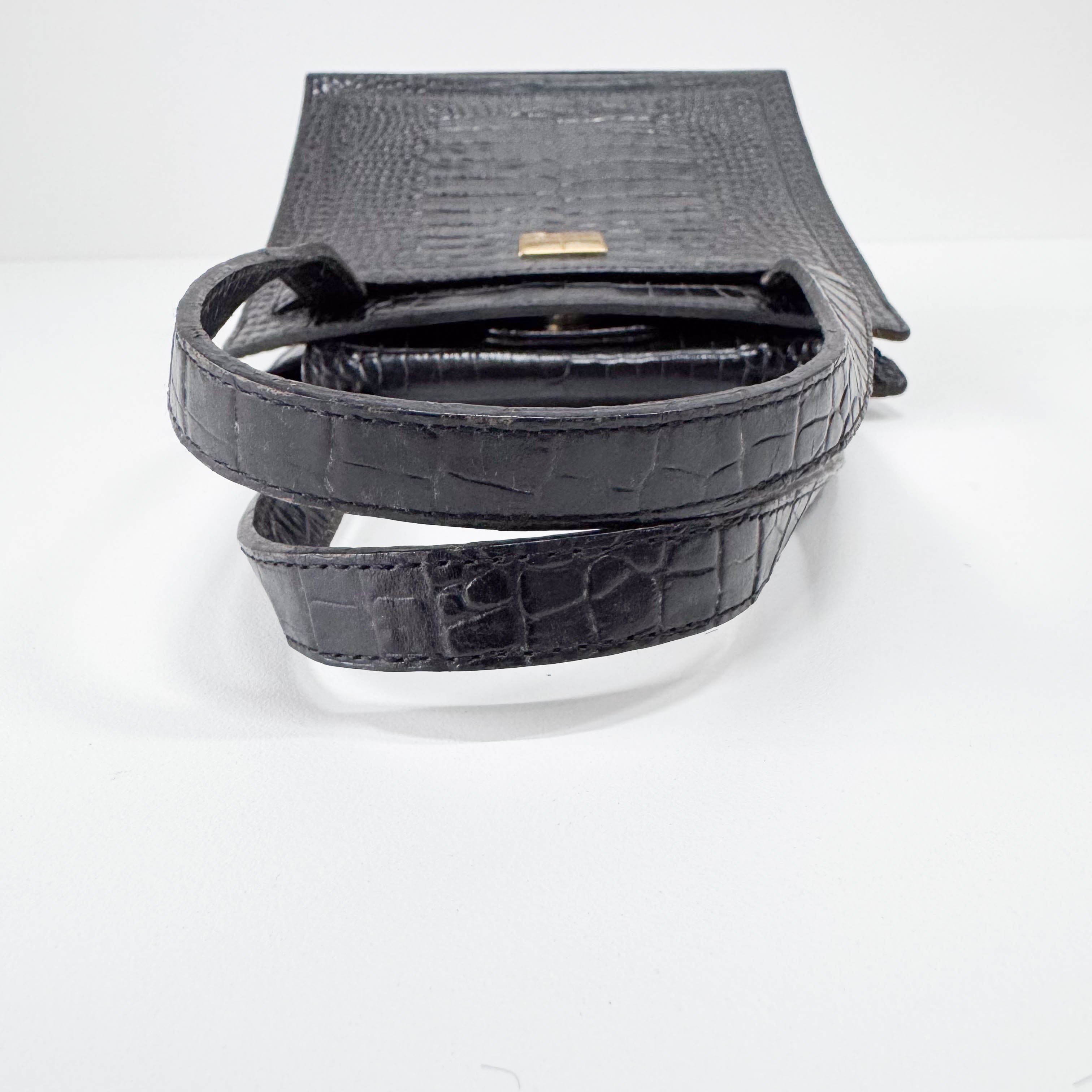 Black Croc Embossed Leather Shoulder Bag