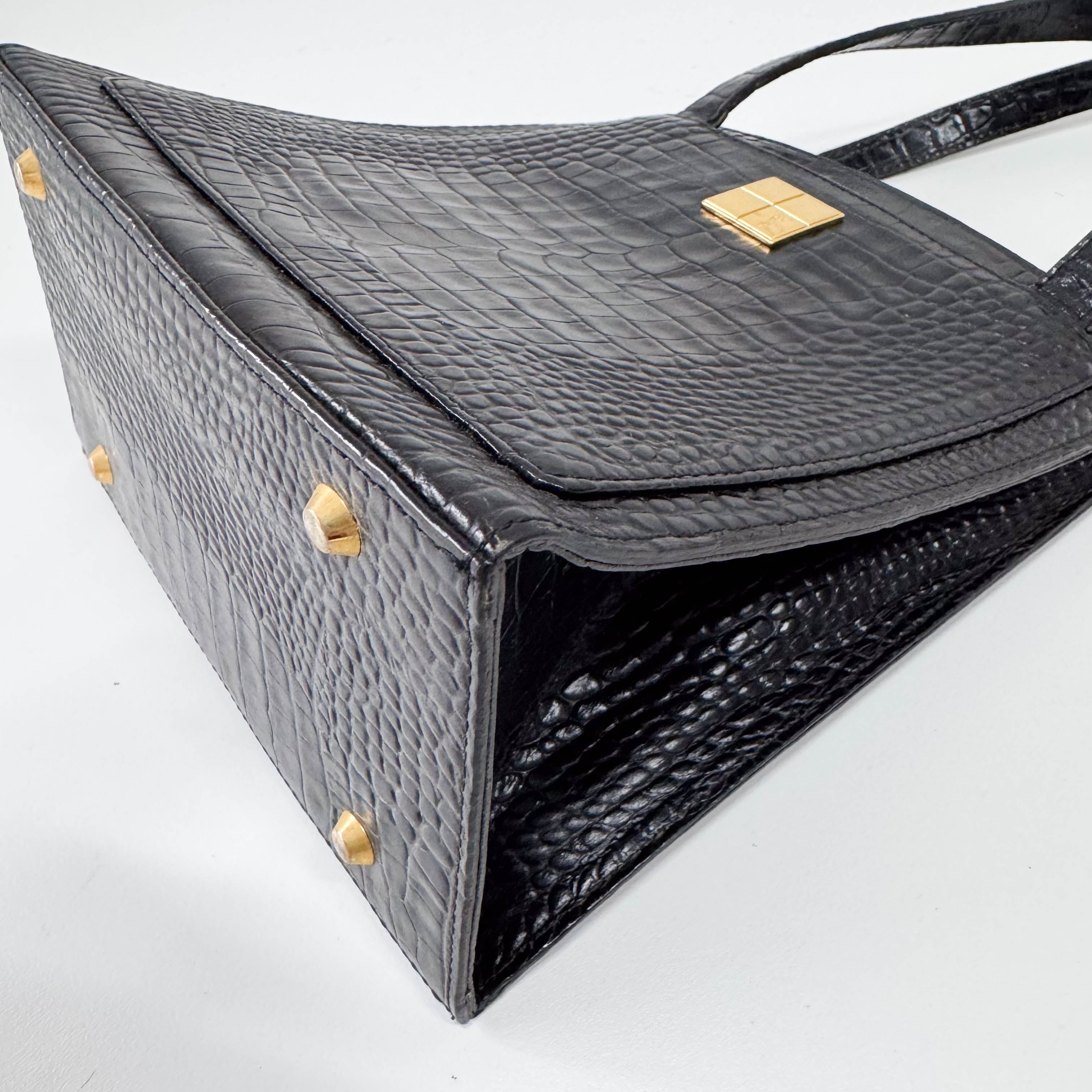 Black Croc Embossed Leather Shoulder Bag