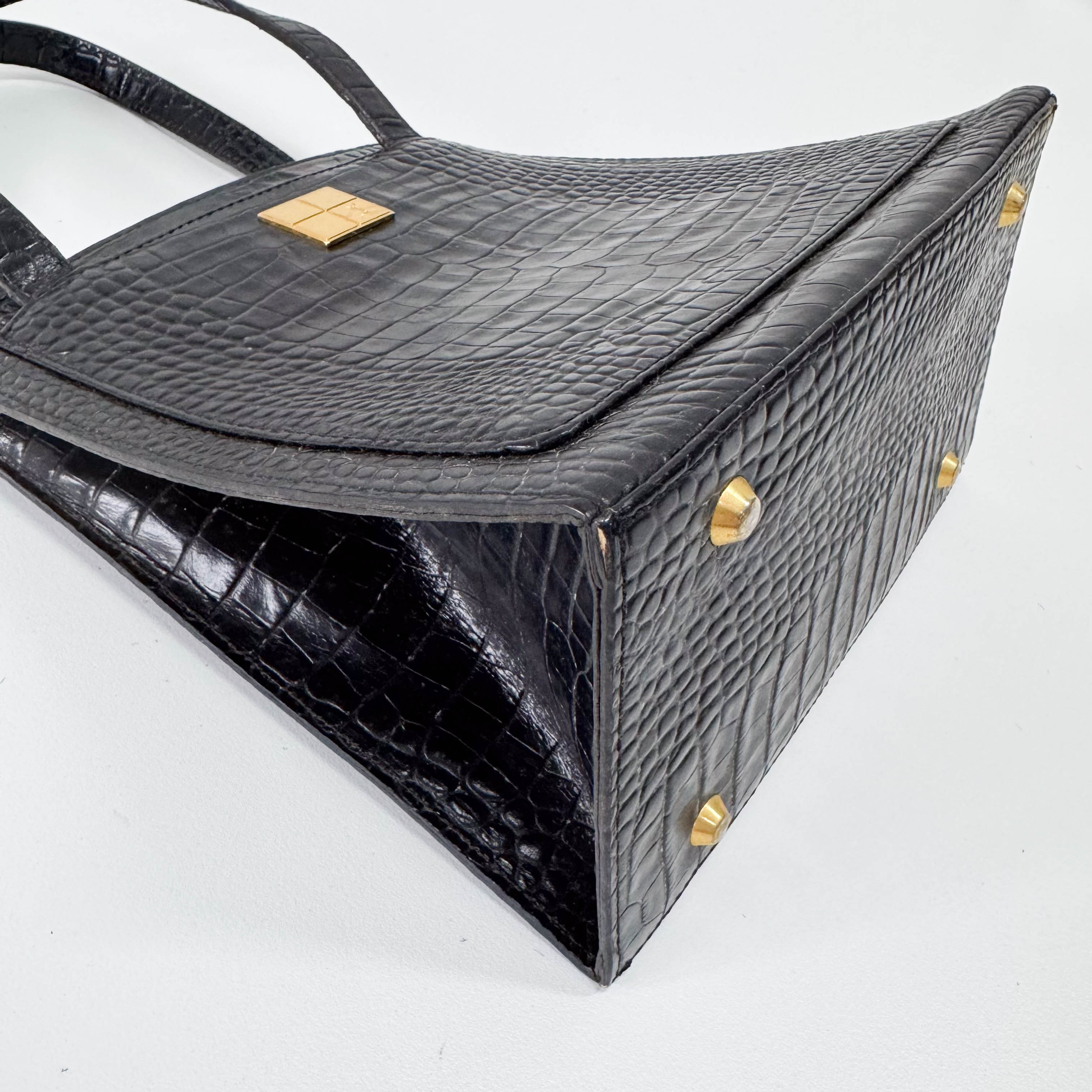 Black Croc Embossed Leather Shoulder Bag