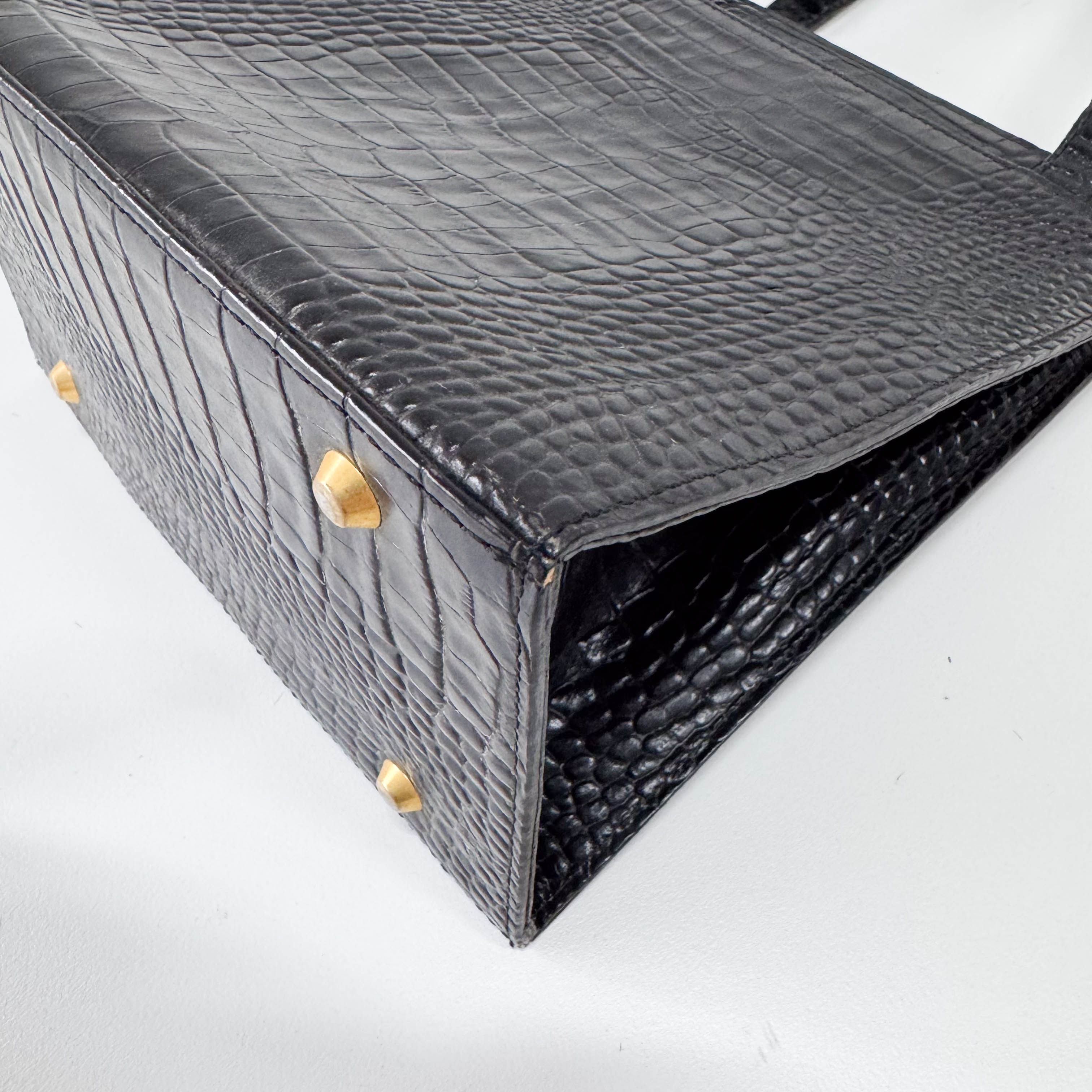 Black Croc Embossed Leather Shoulder Bag