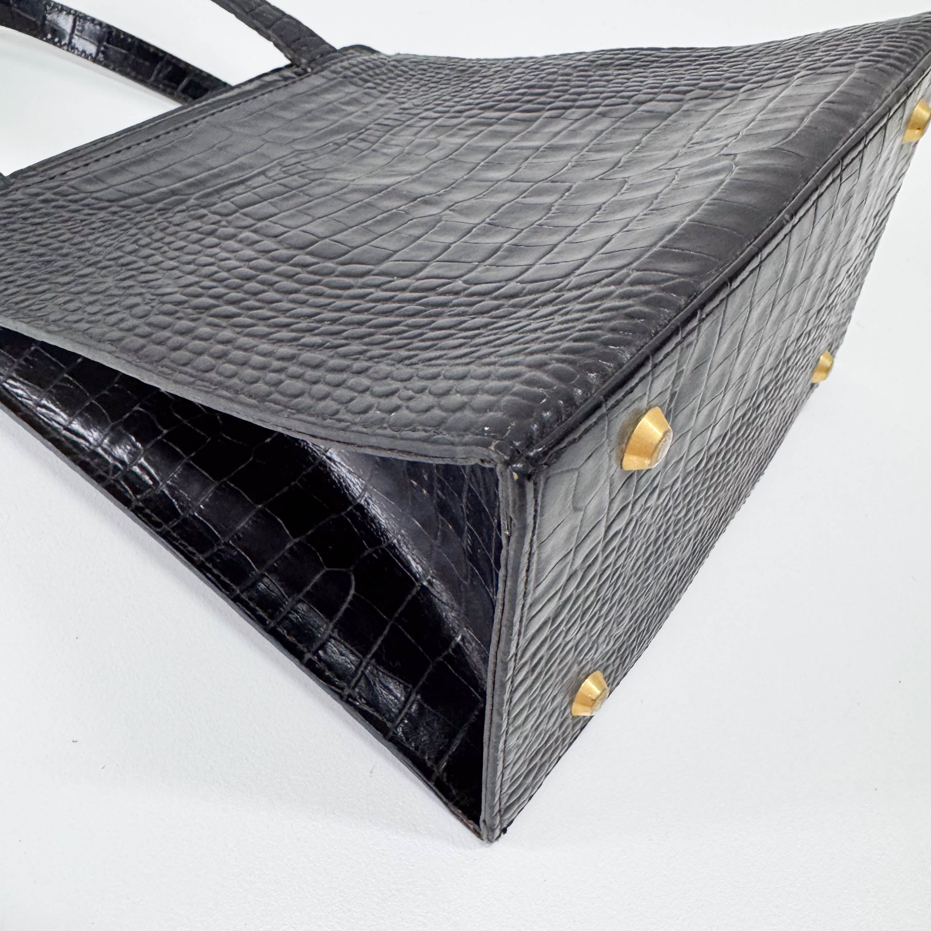 Black Croc Embossed Leather Shoulder Bag