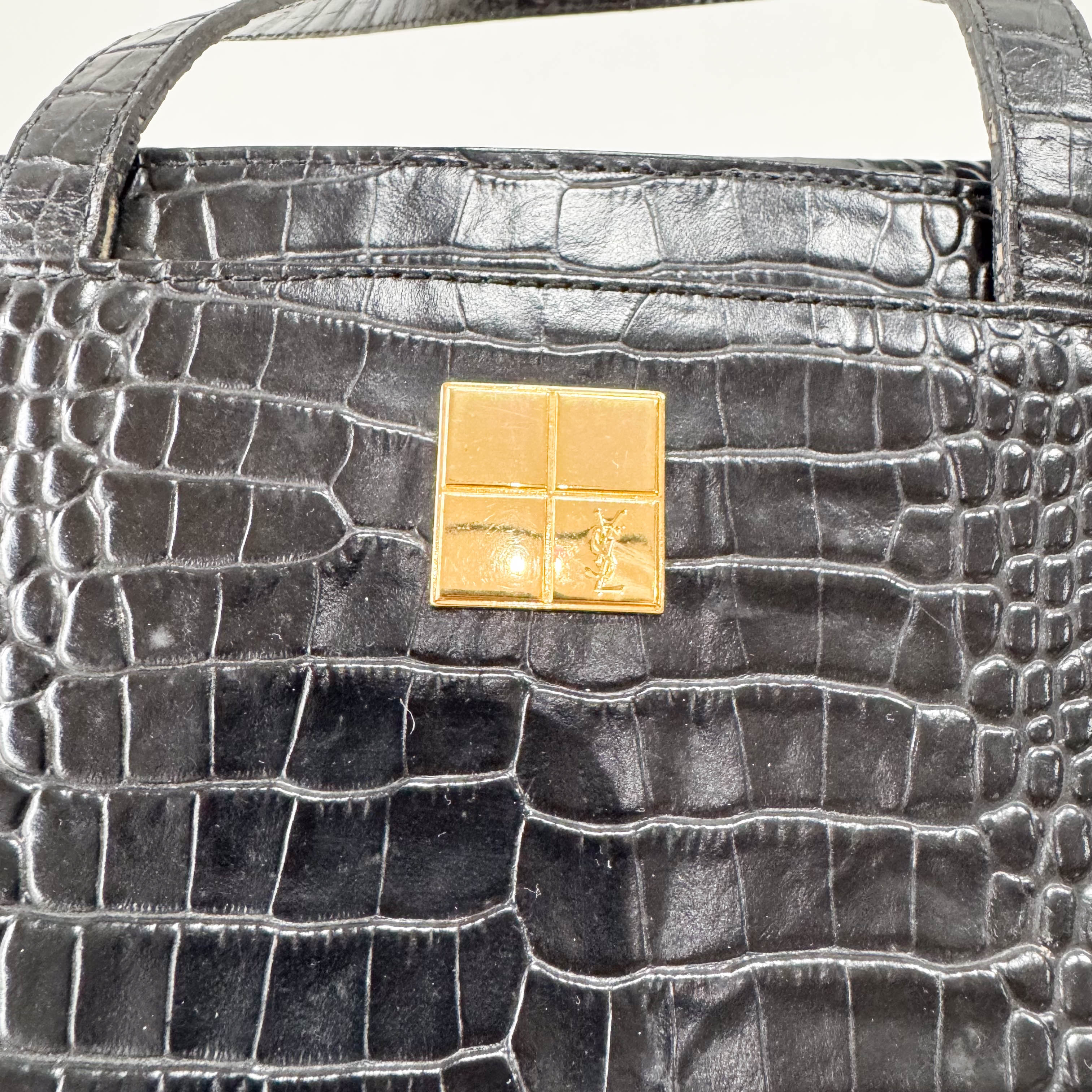 Black Croc Embossed Leather Shoulder Bag