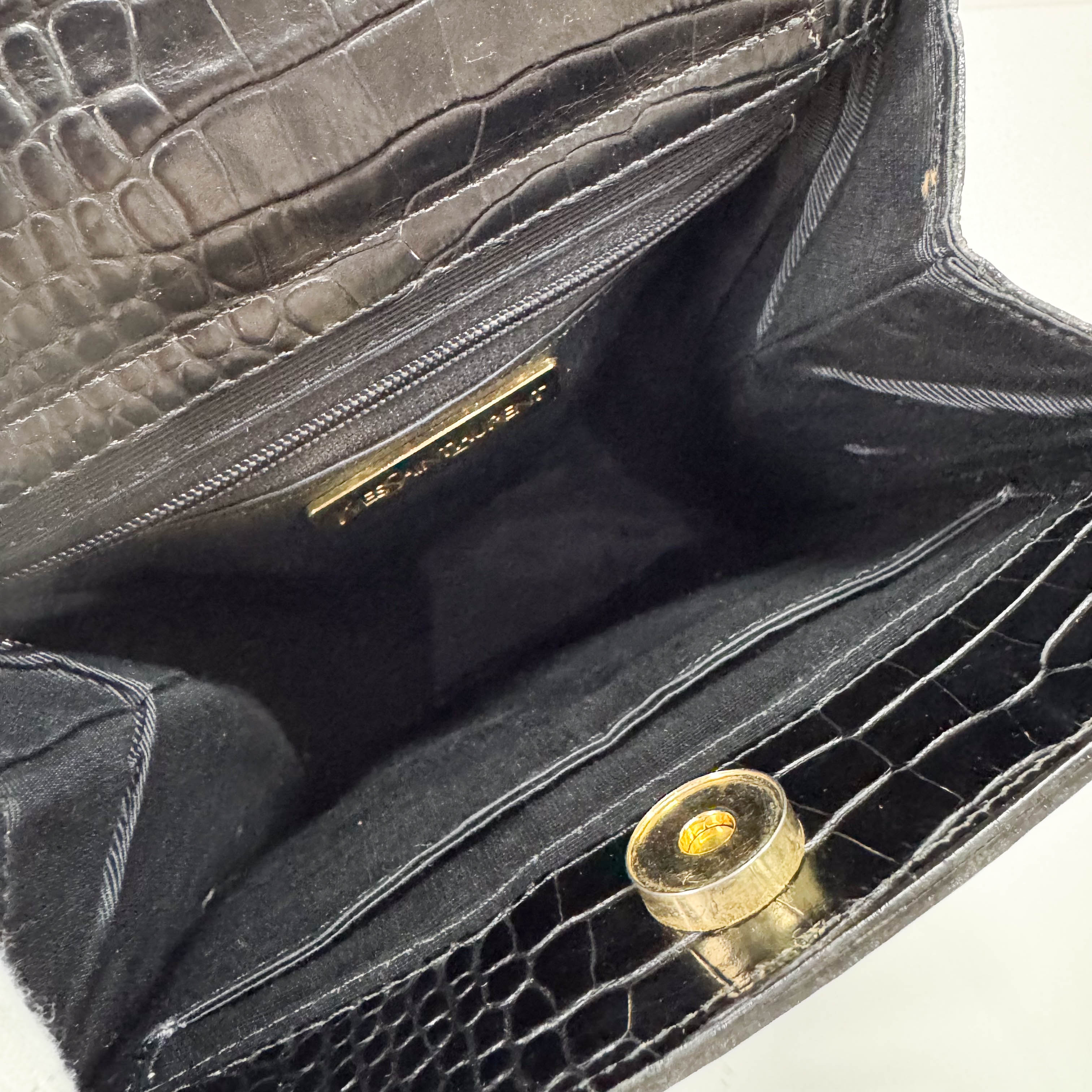 Black Croc Embossed Leather Shoulder Bag