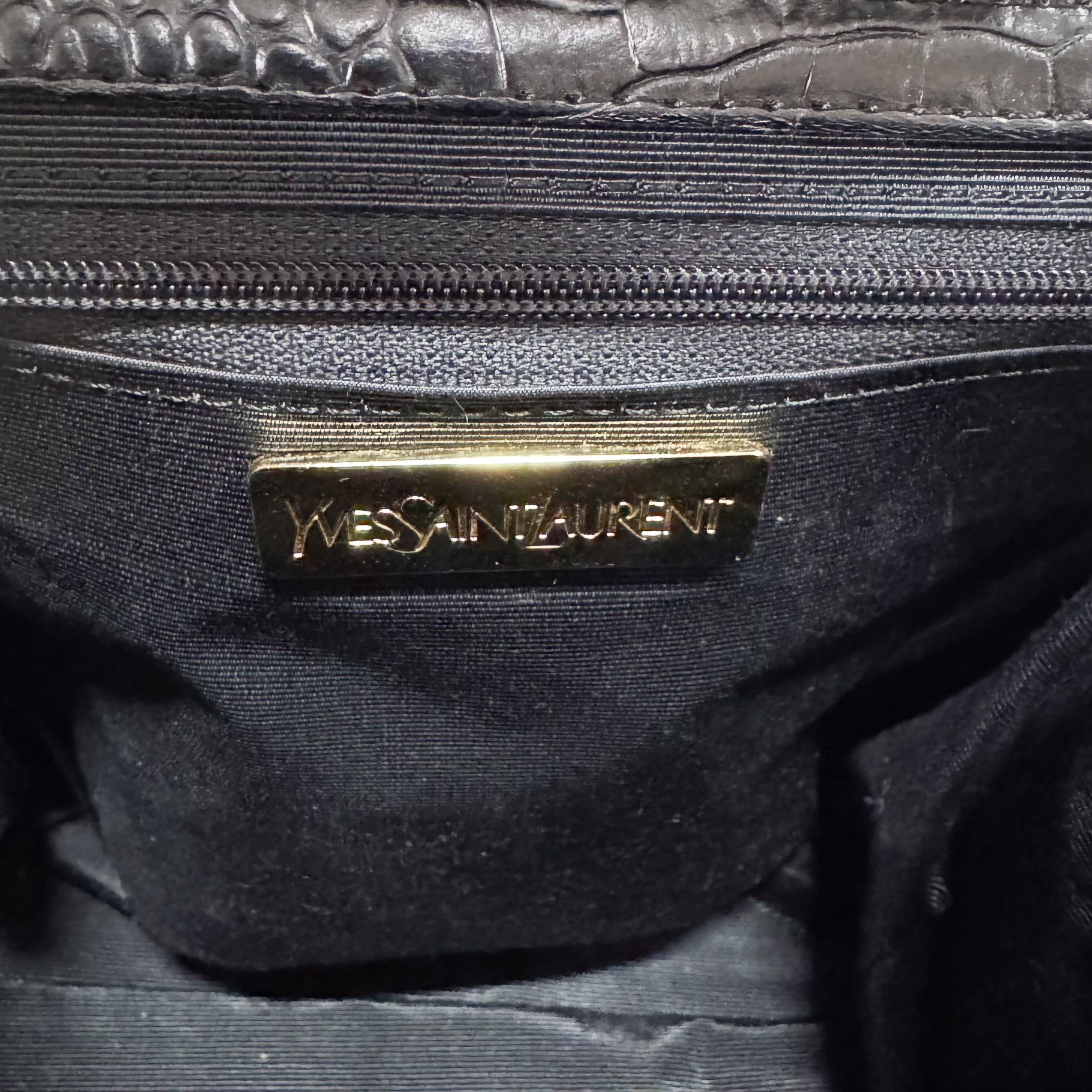 Black Croc Embossed Leather Shoulder Bag