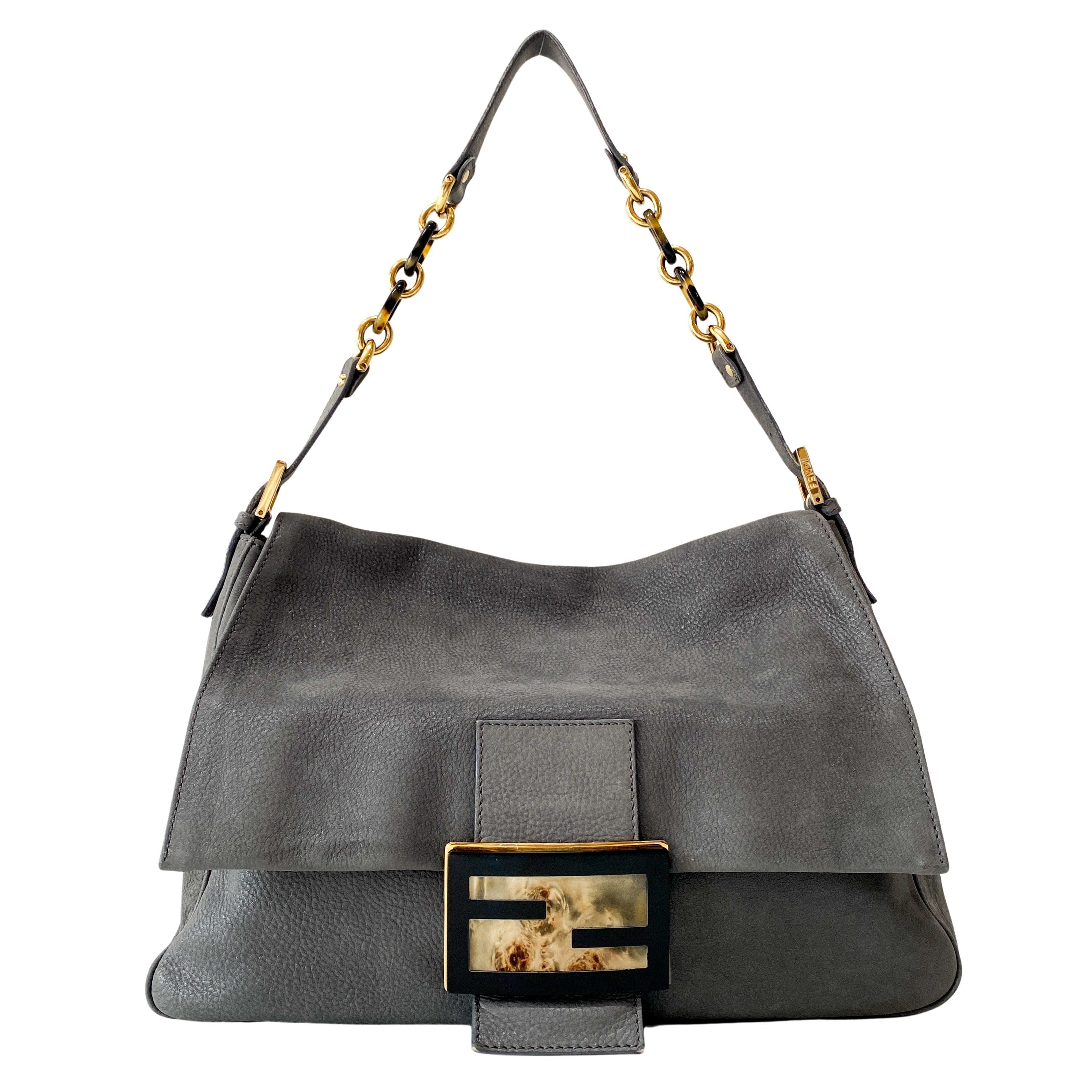 FENDI Sparkling Grey Leather Mamma Baguette Bag