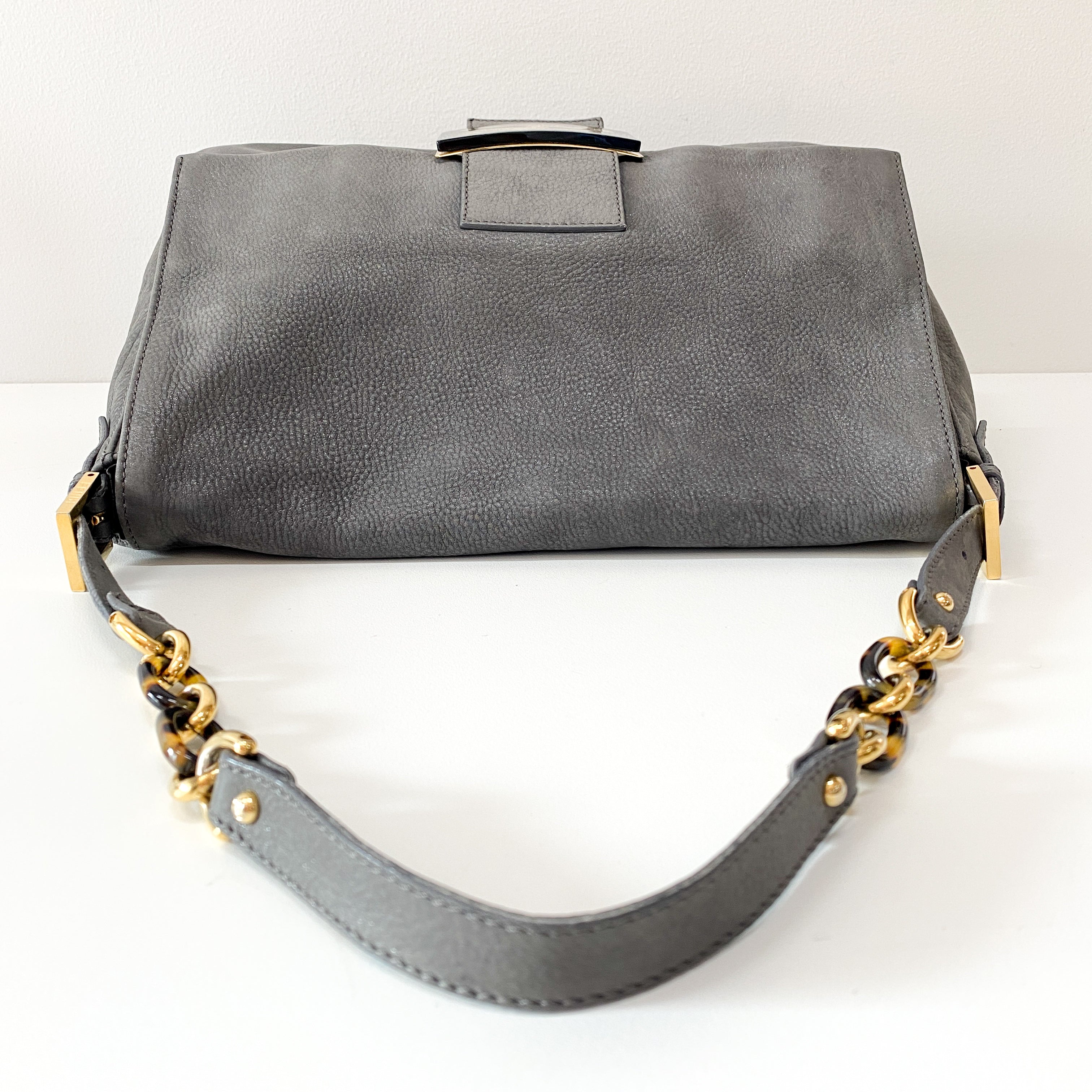 FENDI Sparkling Grey Leather Mamma Baguette Bag