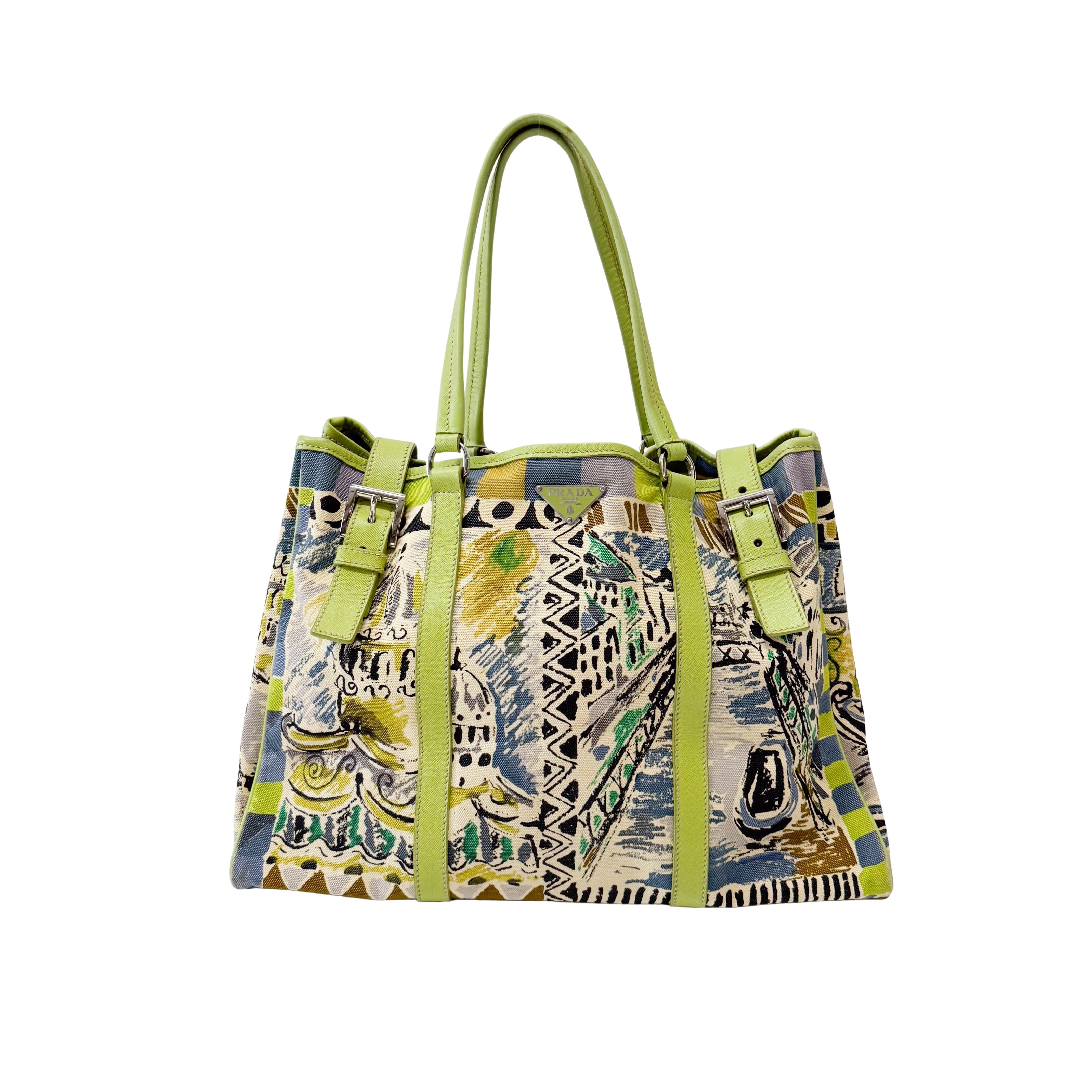 Green Leather Cotton Canvas Shoulder Bag