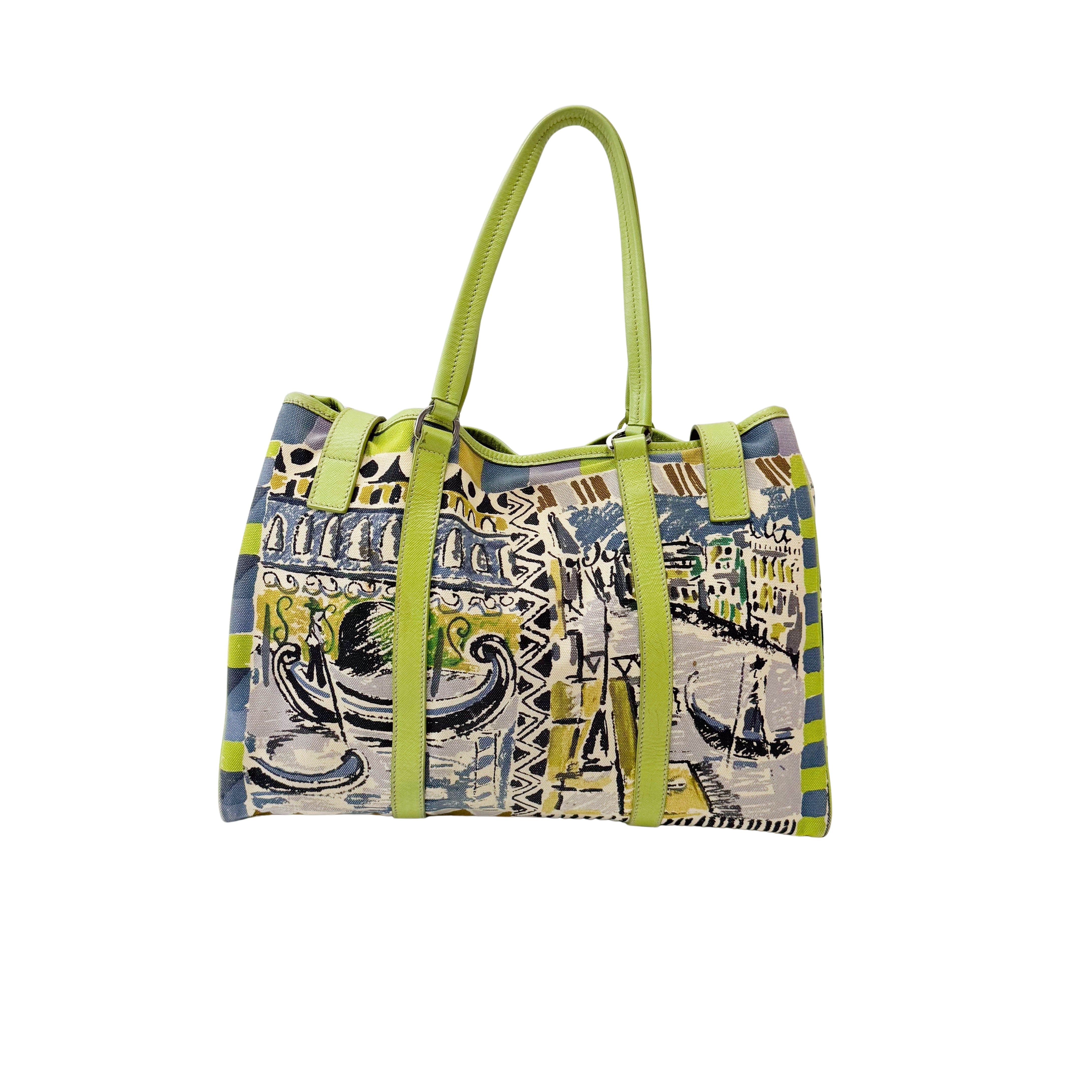 Green Leather Cotton Canvas Shoulder Bag