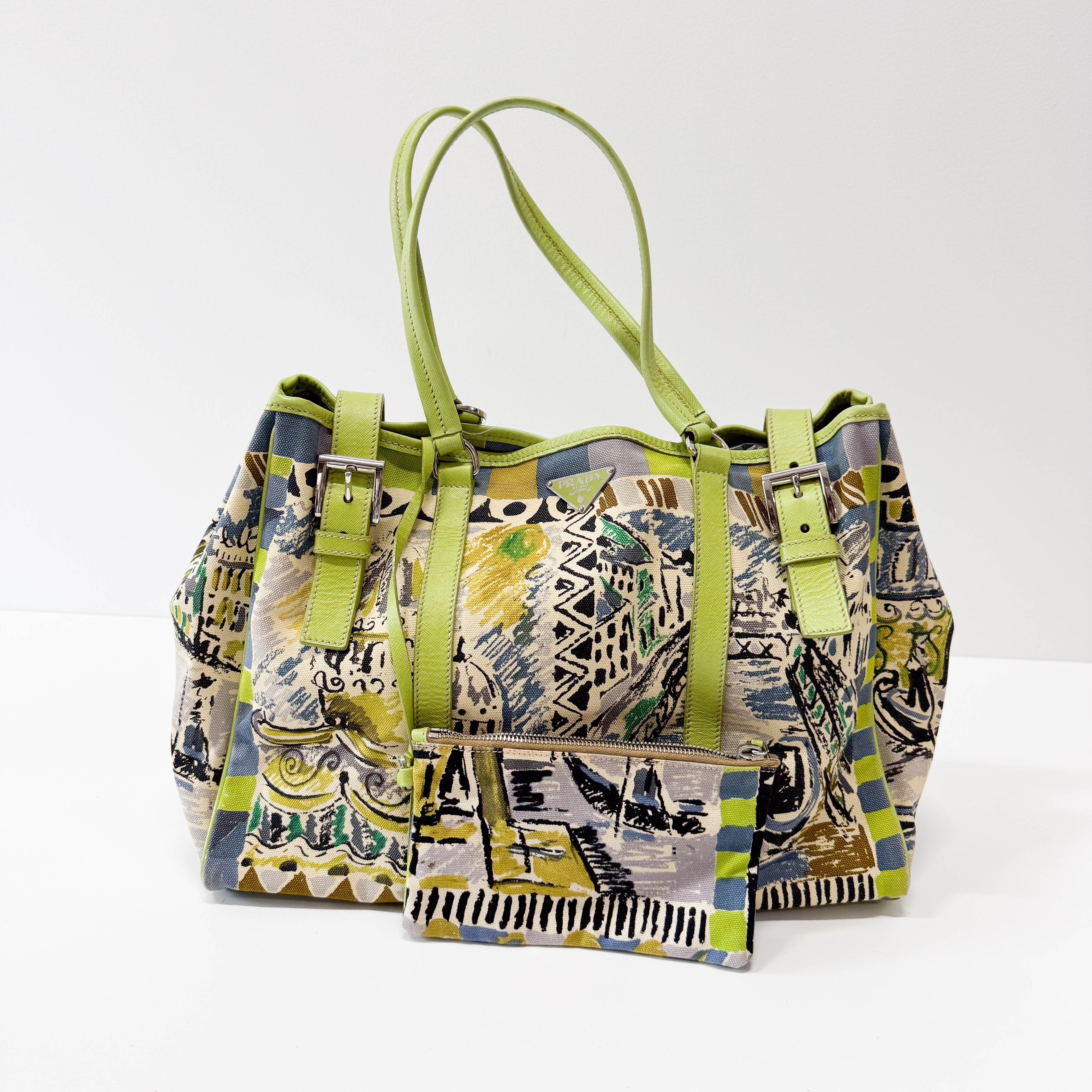 Green Leather Cotton Canvas Shoulder Bag