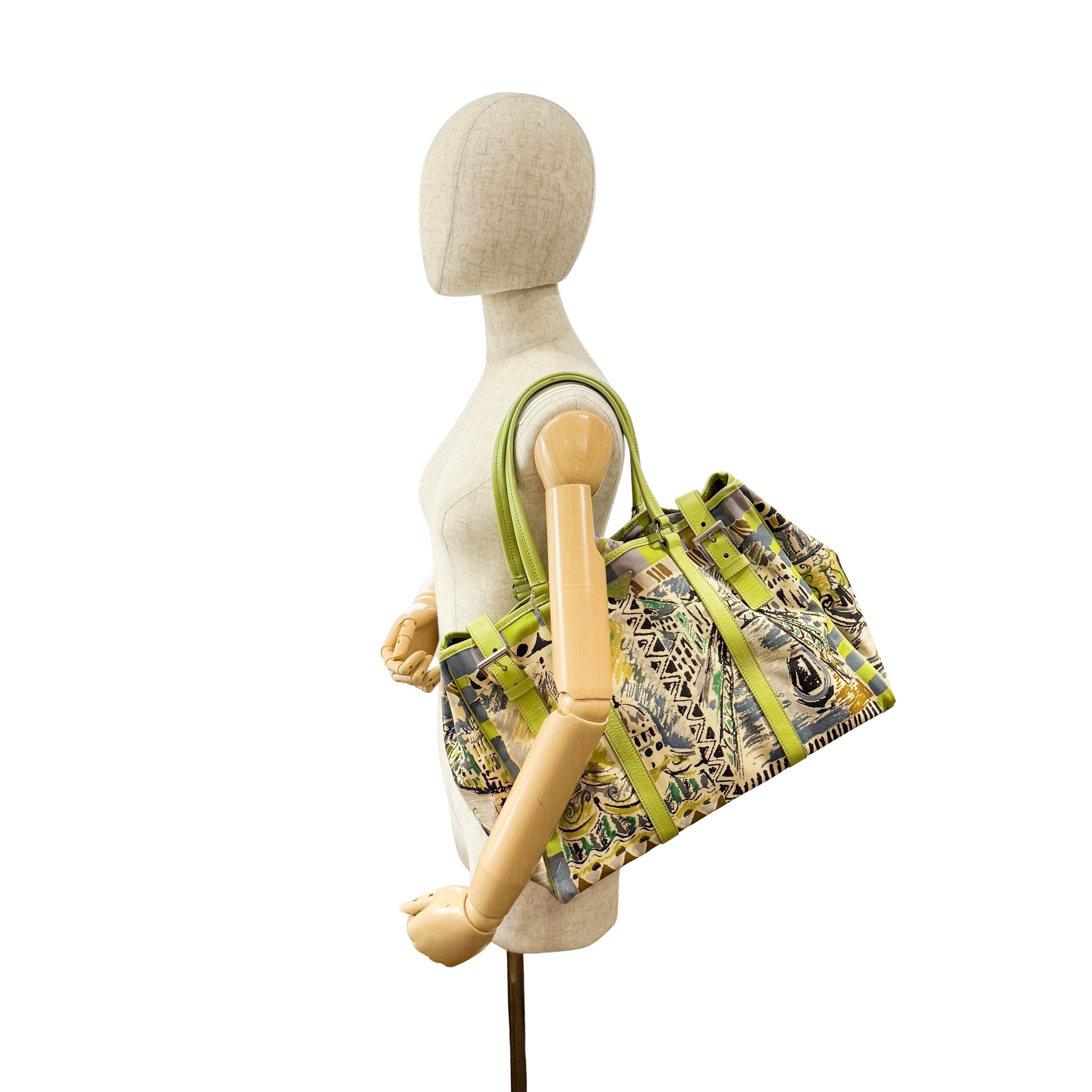 Green Leather Cotton Canvas Shoulder Bag