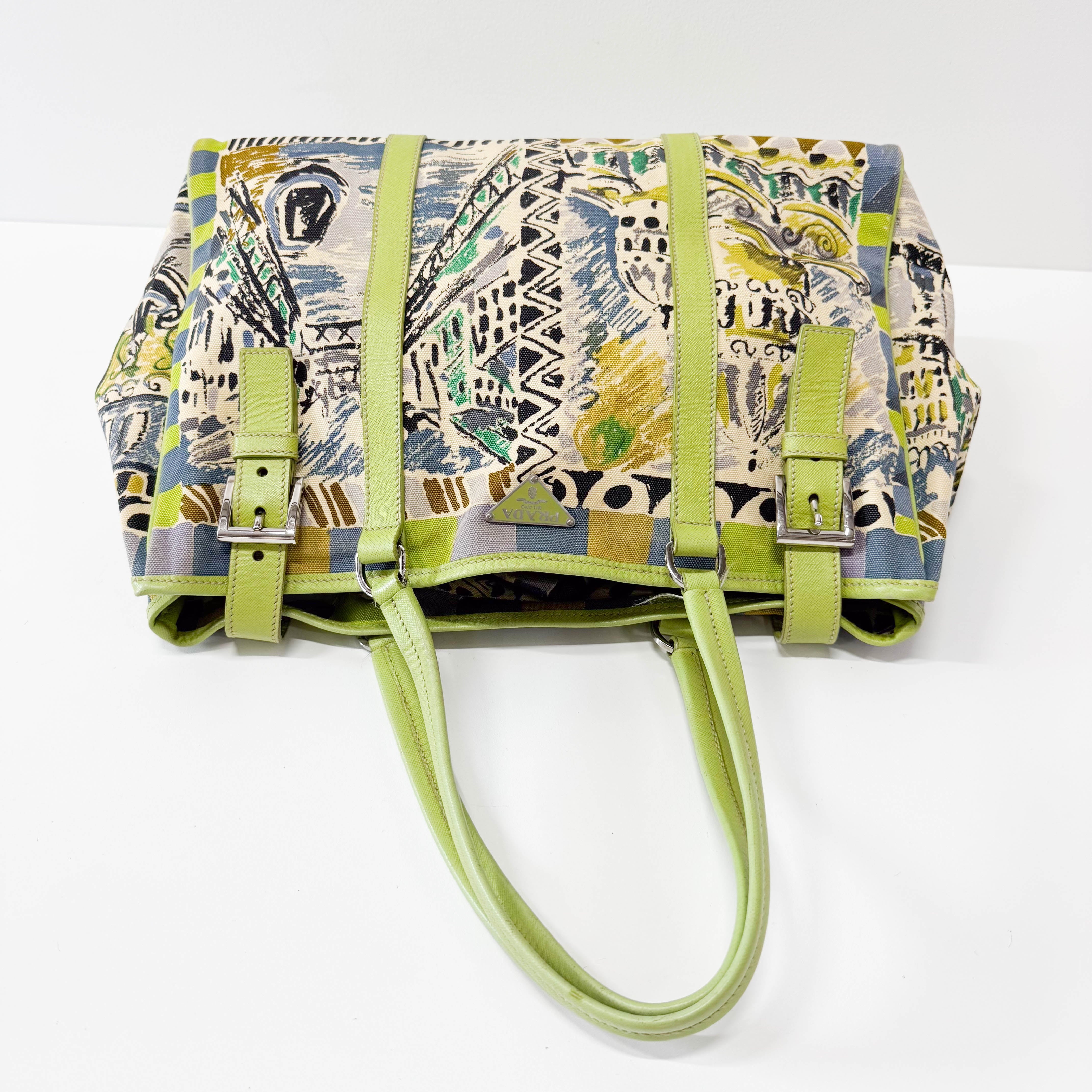 Green Leather Cotton Canvas Shoulder Bag