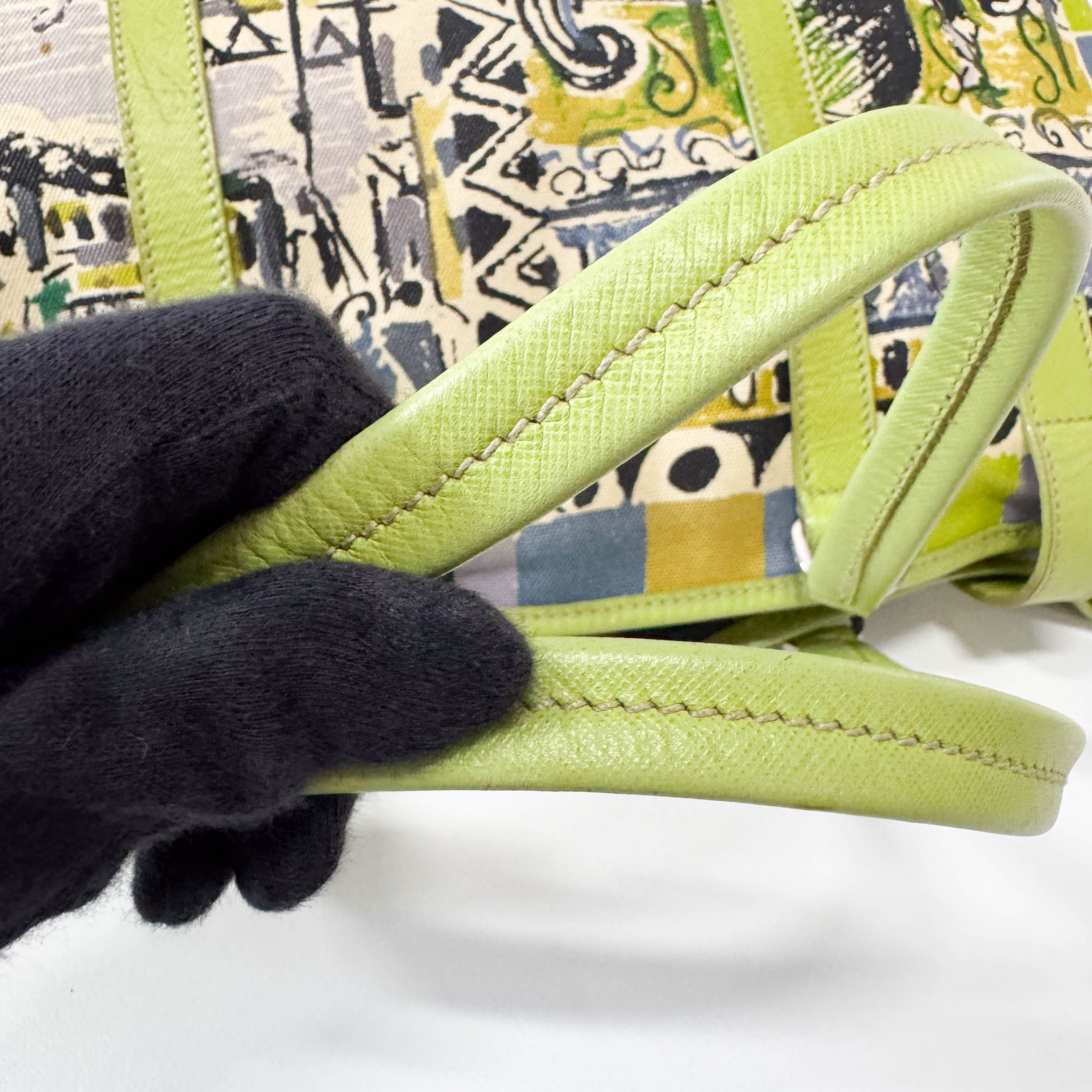 Green Leather Cotton Canvas Shoulder Bag