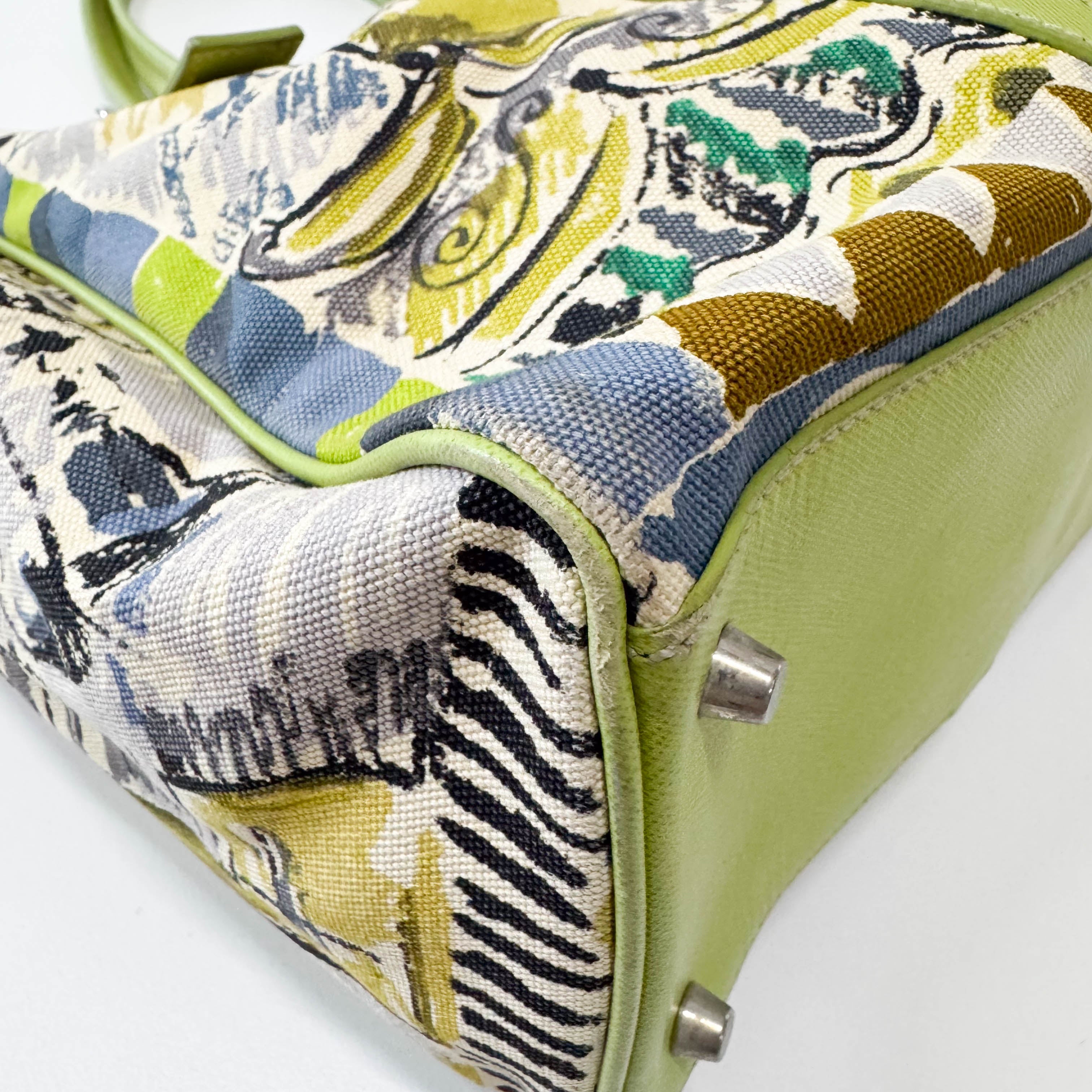 Green Leather Cotton Canvas Shoulder Bag