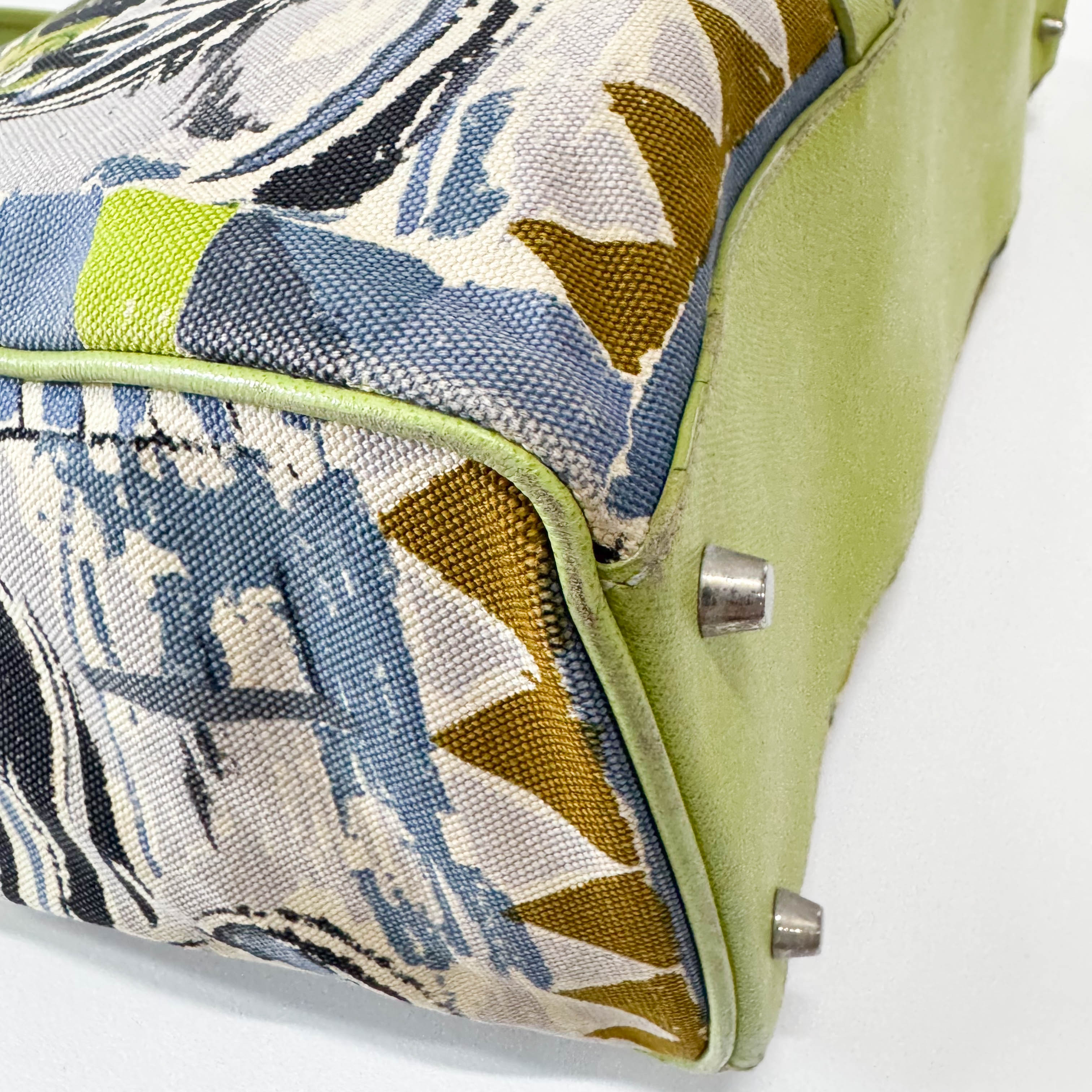 Green Leather Cotton Canvas Shoulder Bag