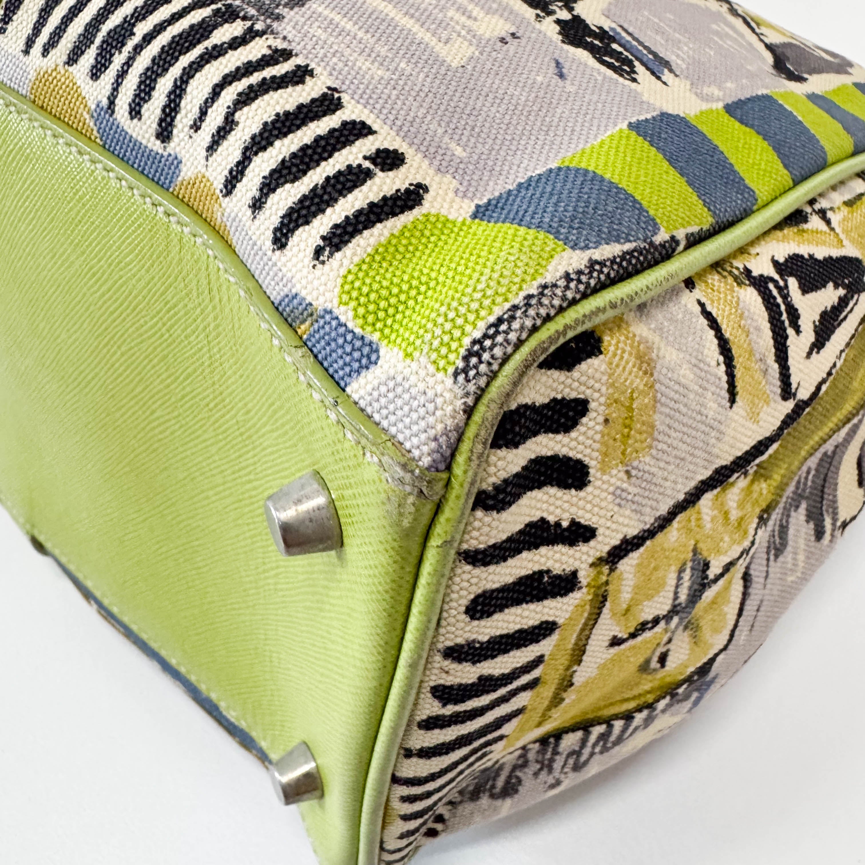 Green Leather Cotton Canvas Shoulder Bag