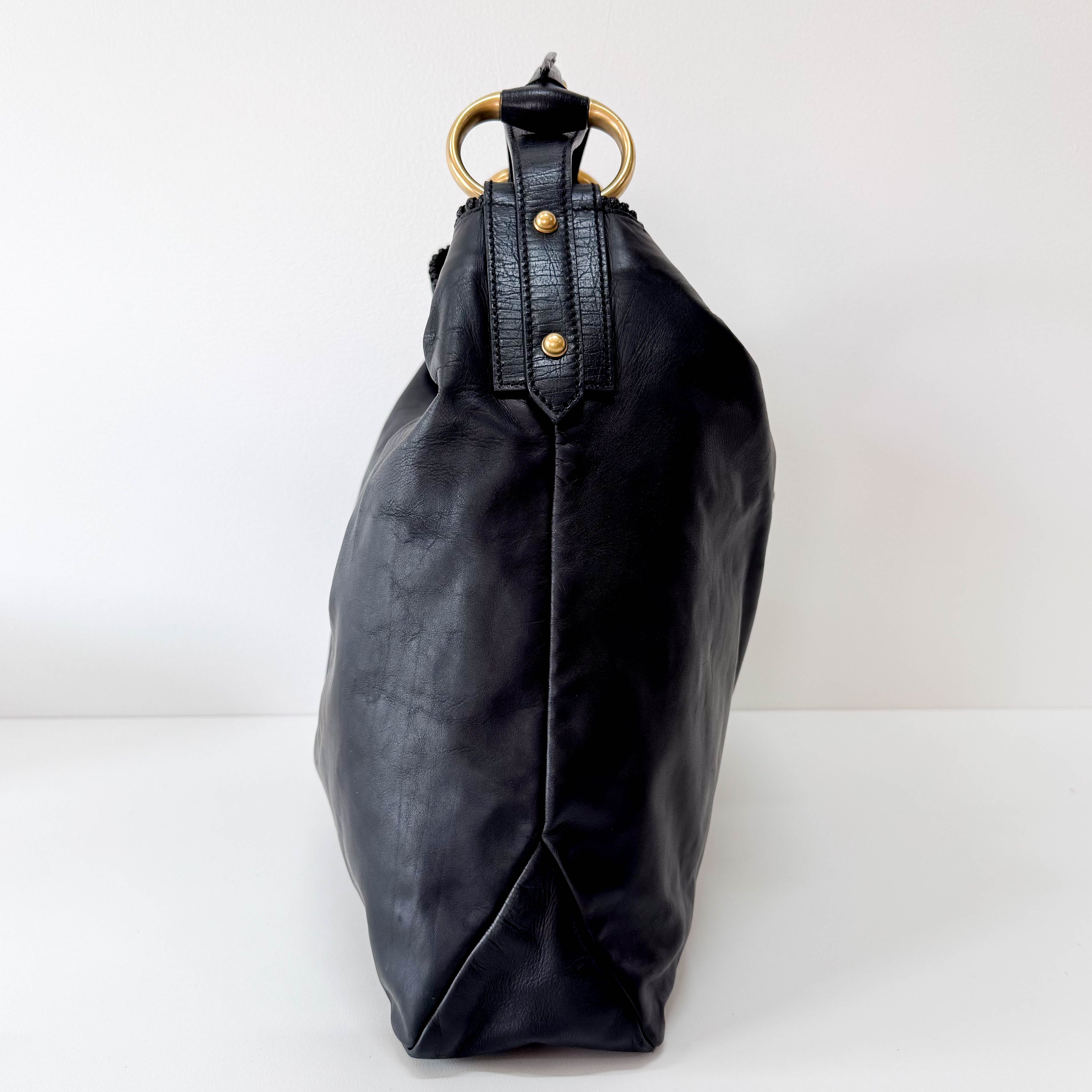 Horsebit Black Leather Hobo Shoulder Bag