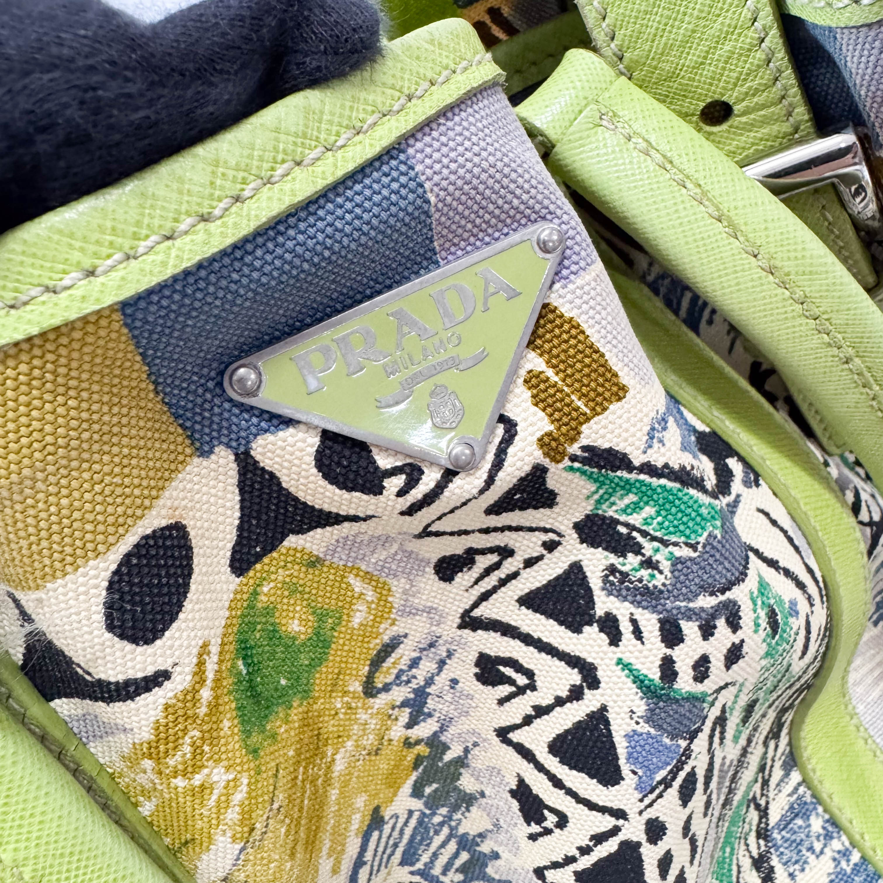 Green Leather Cotton Canvas Shoulder Bag