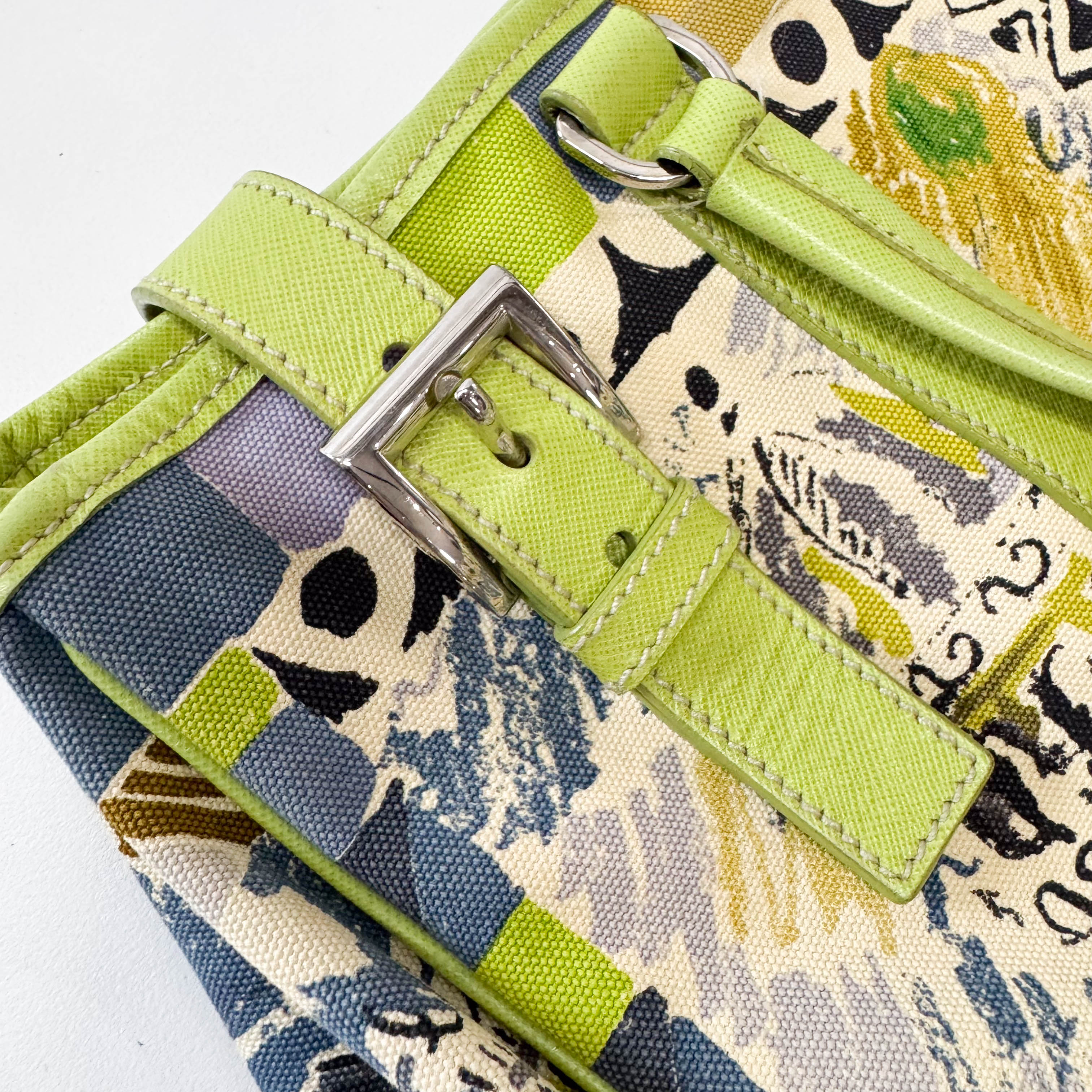 Green Leather Cotton Canvas Shoulder Bag