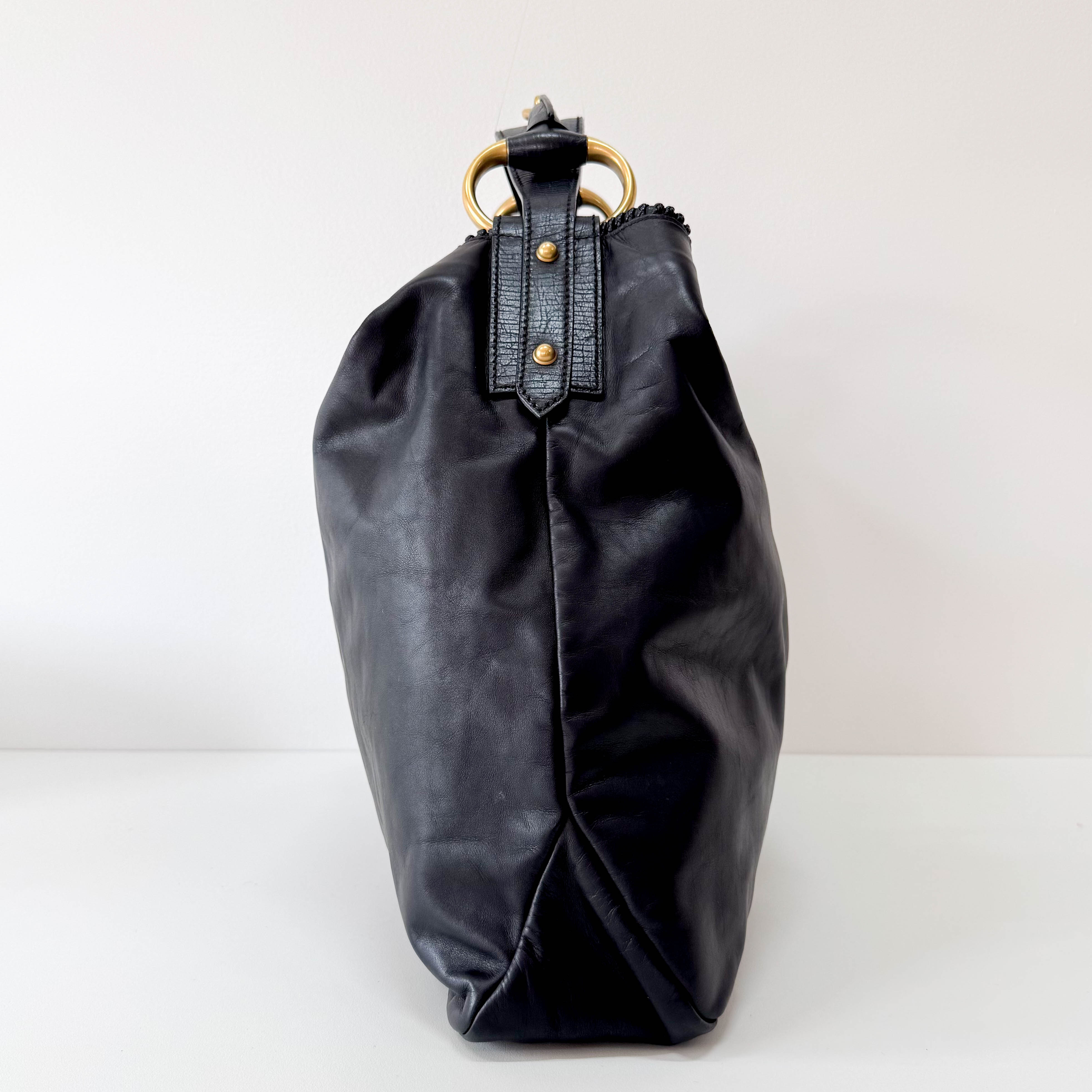 Horsebit Black Leather Hobo Shoulder Bag