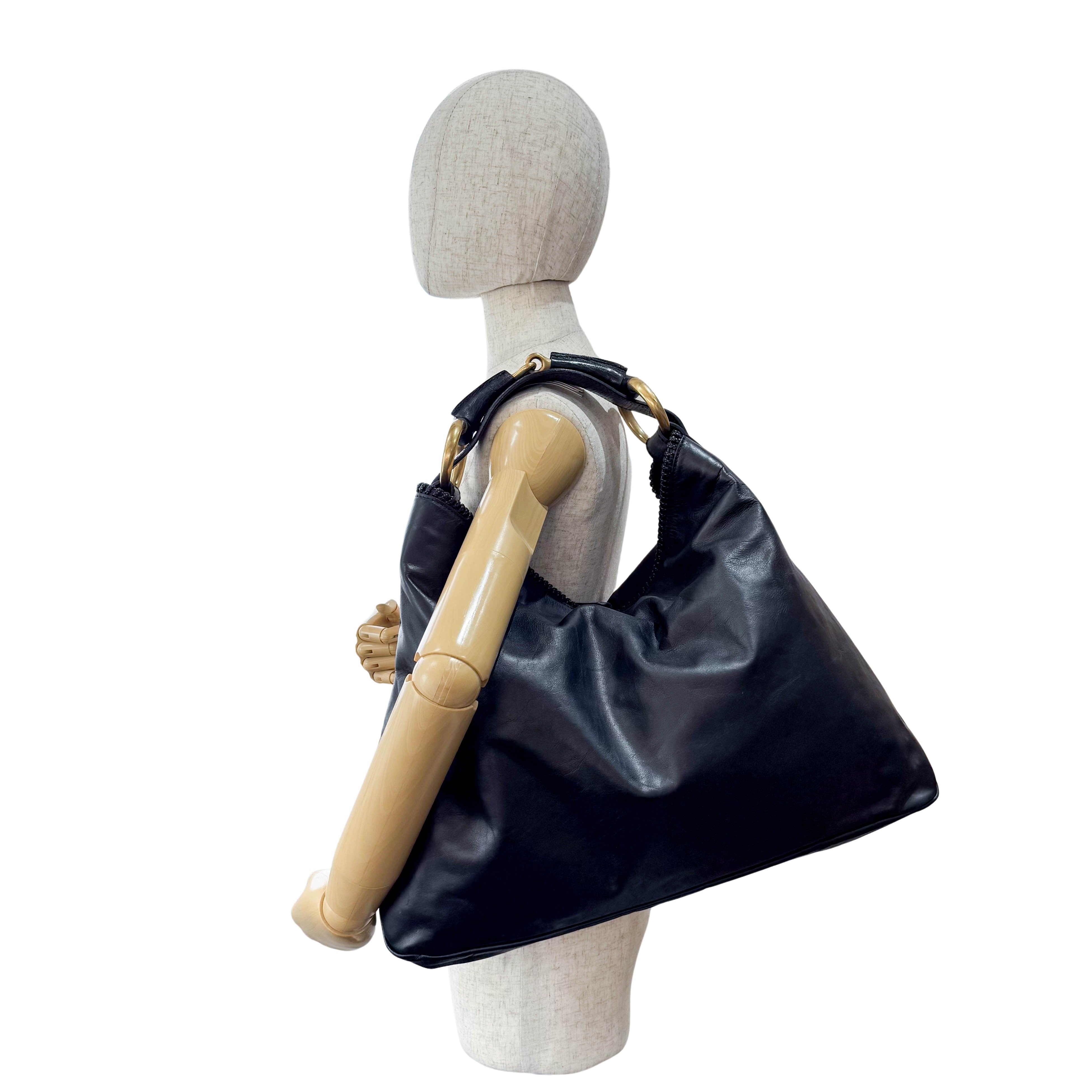 Horsebit Black Leather Hobo Shoulder Bag