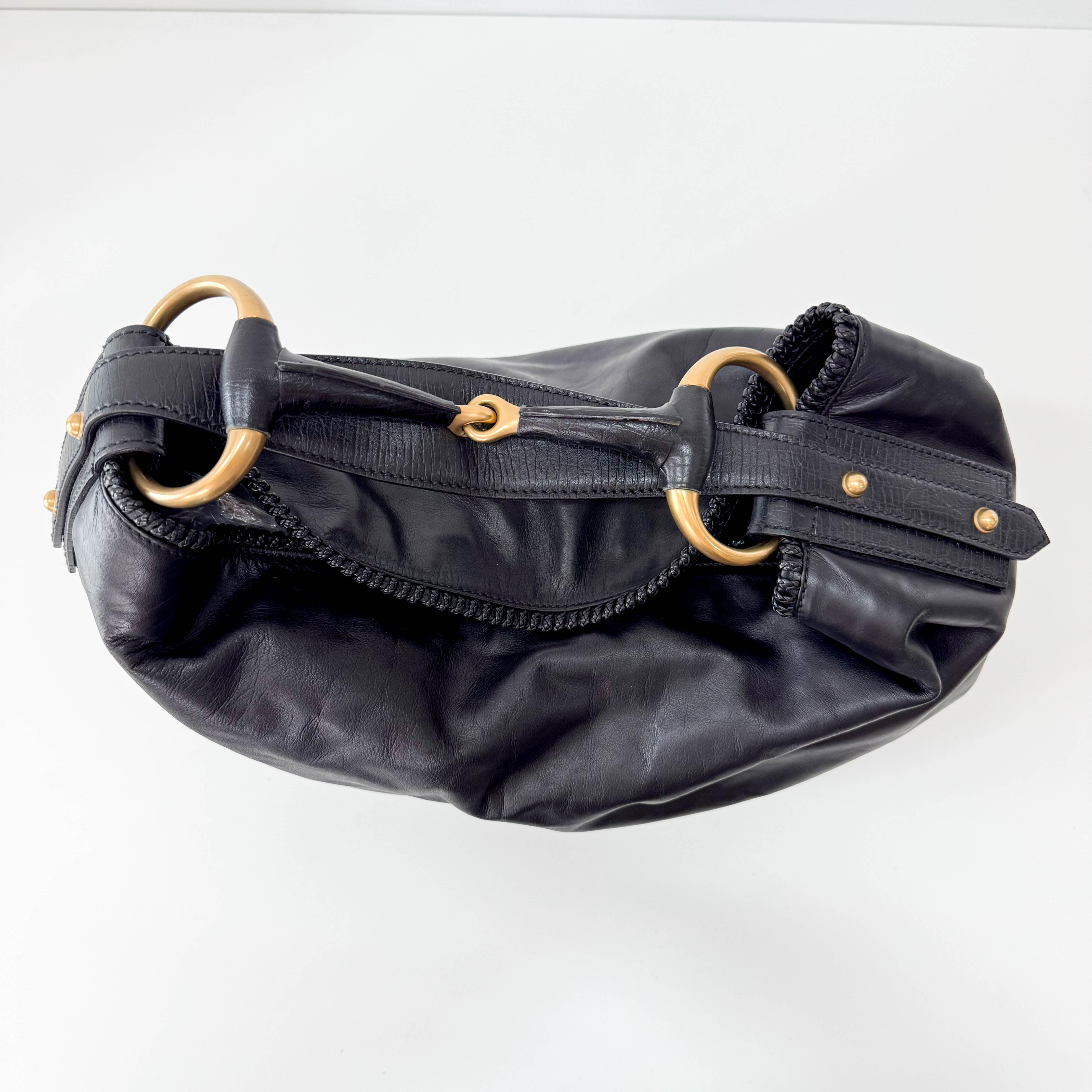 Horsebit Black Leather Hobo Shoulder Bag