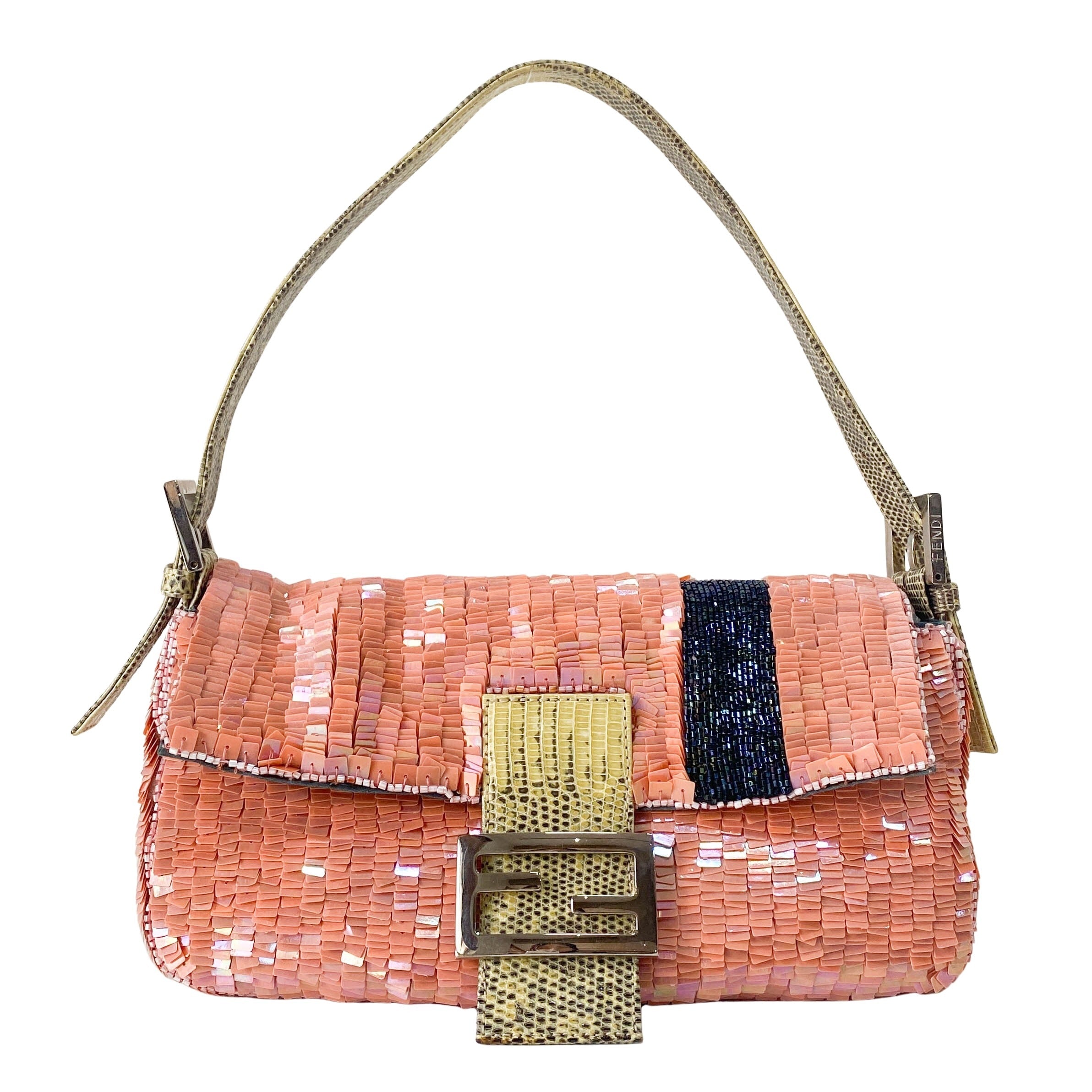 Baguette Pink Beads & Lizard Leather Shoulder Bag