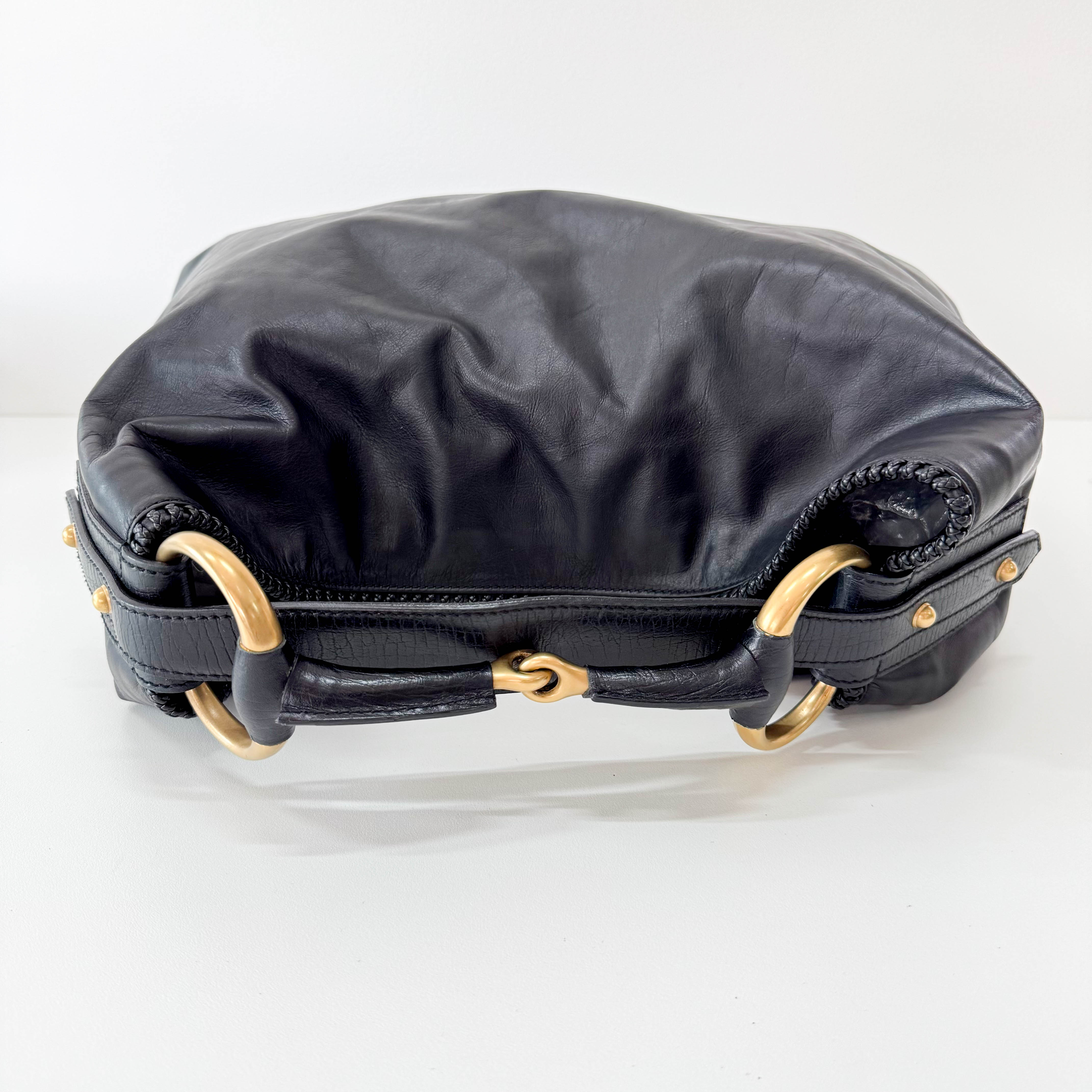 Horsebit Black Leather Hobo Shoulder Bag