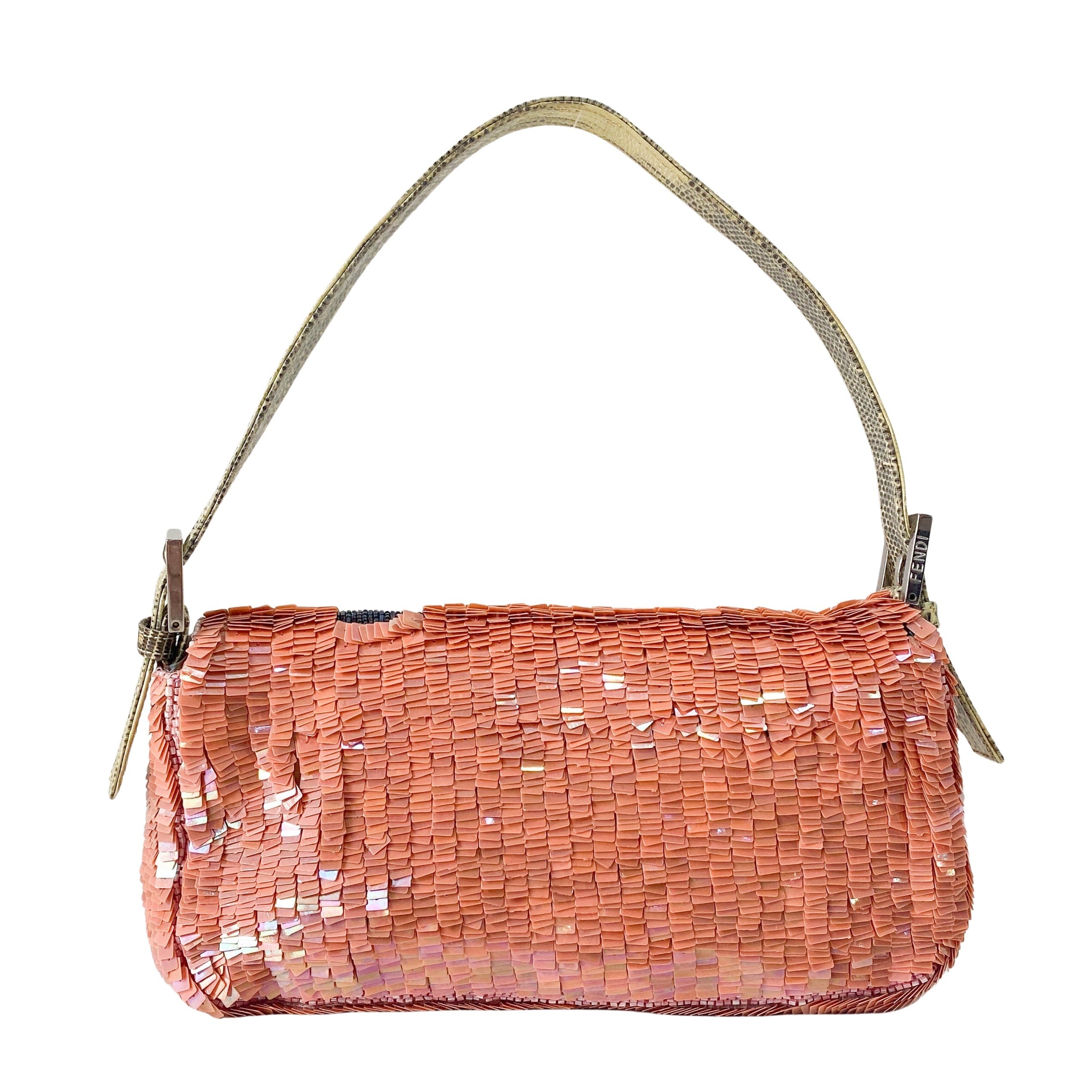 Baguette Pink Beads & Lizard Leather Shoulder Bag