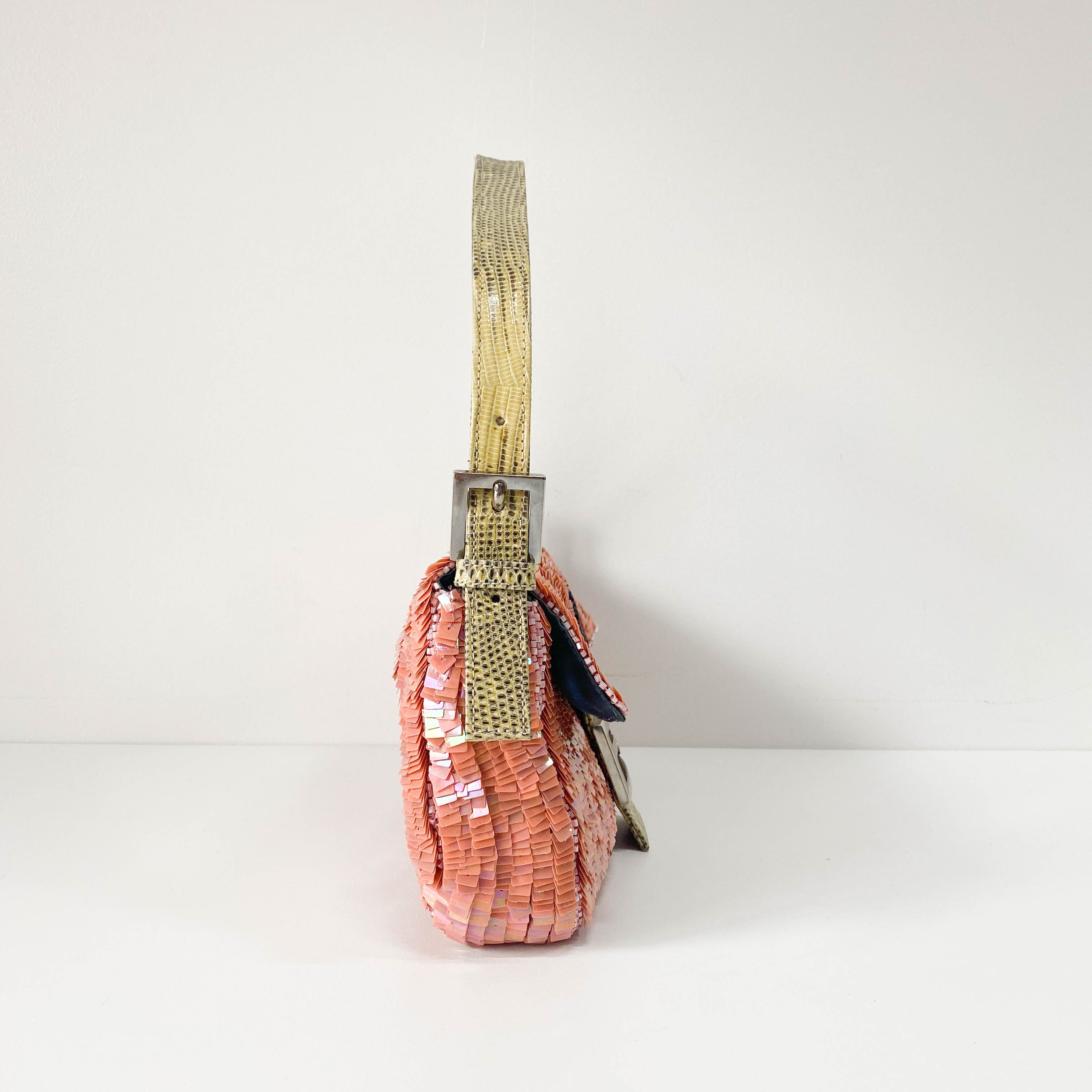 Baguette Pink Beads & Lizard Leather Shoulder Bag