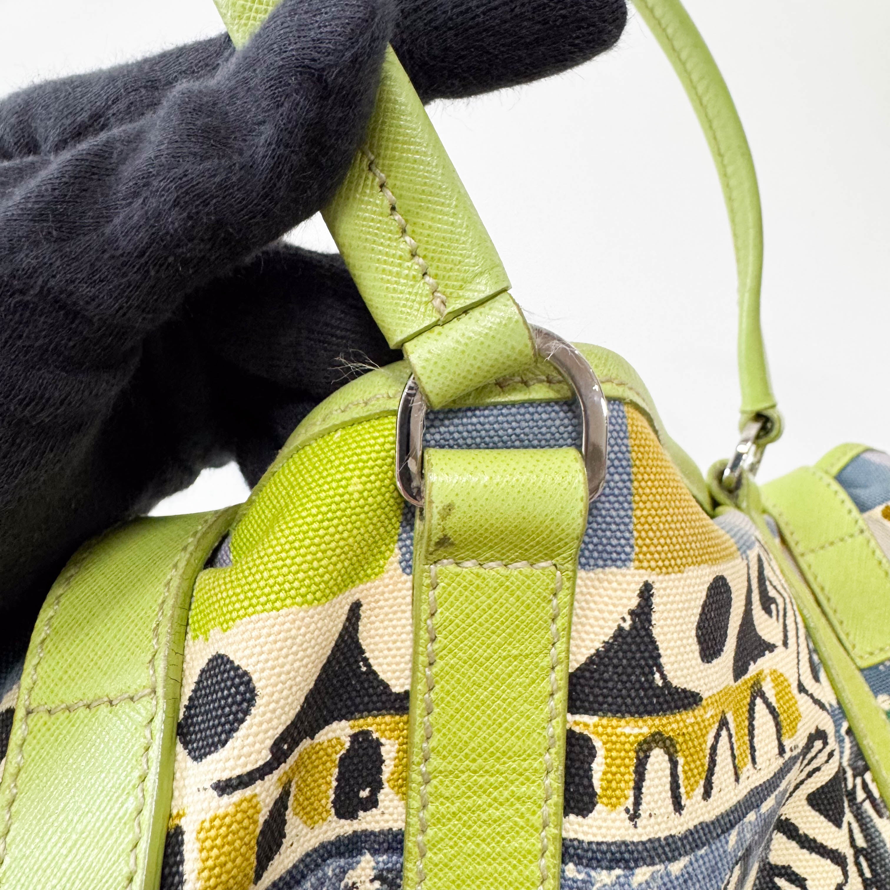 Green Leather Cotton Canvas Shoulder Bag