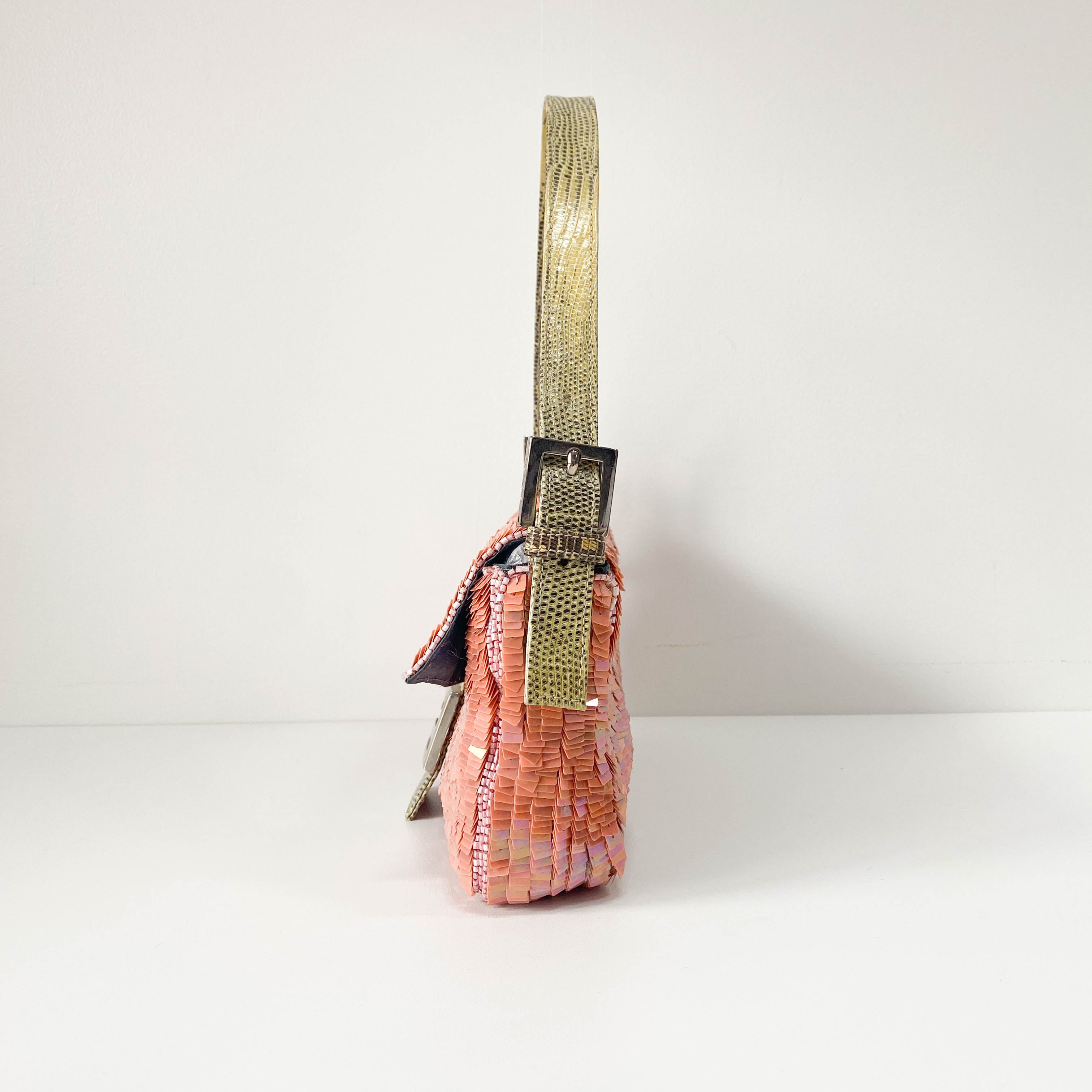 Baguette Pink Beads & Lizard Leather Shoulder Bag