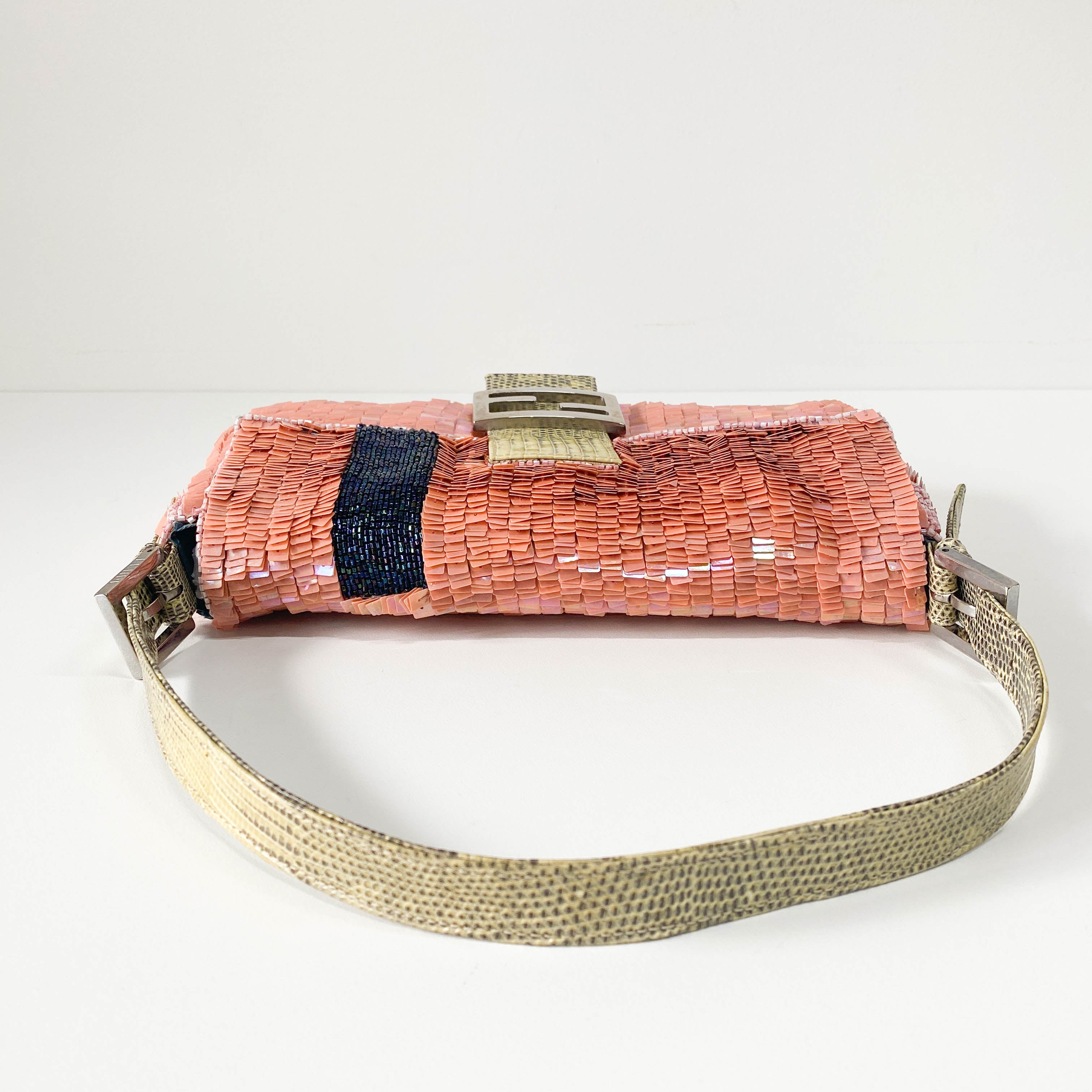 Baguette Pink Beads & Lizard Leather Shoulder Bag